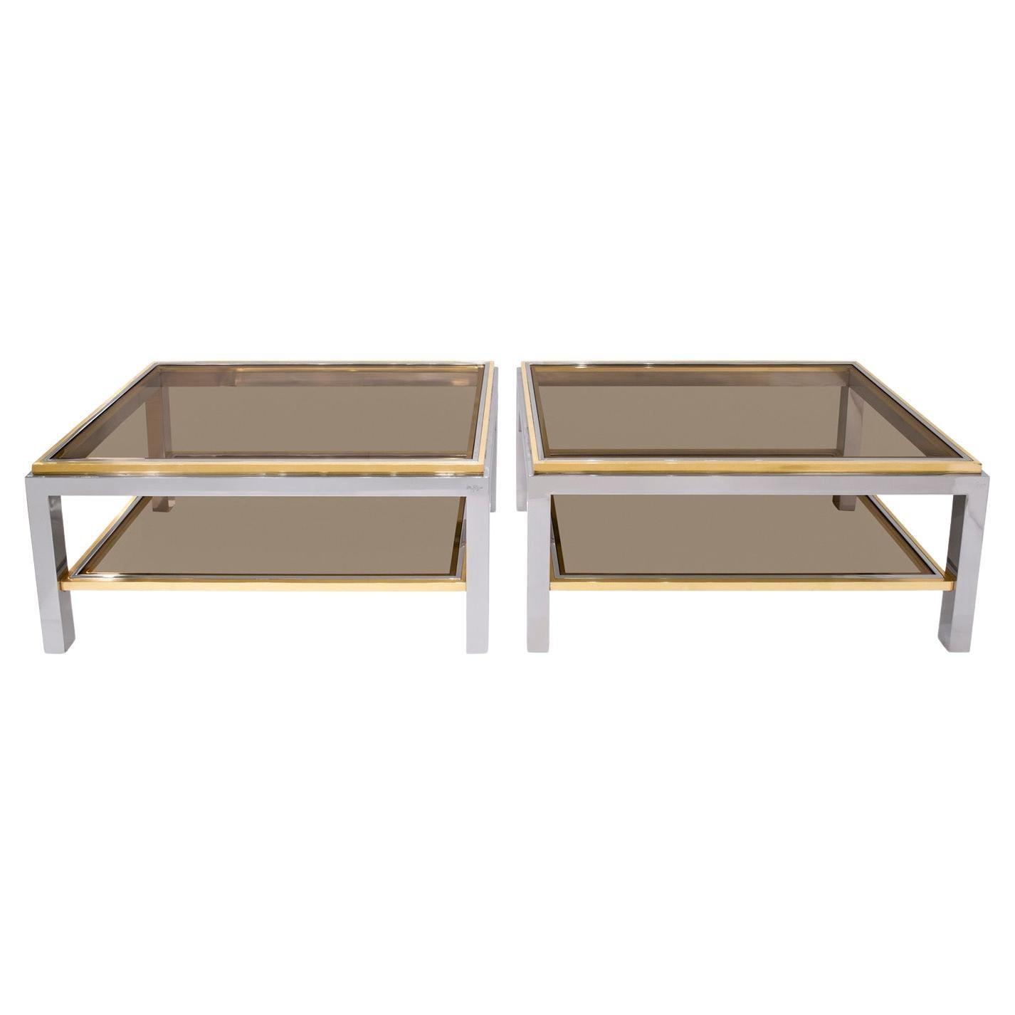 Willy Rizzo Paire de tables basses Flaminia en chrome et laiton 1970 (Signé) en vente
