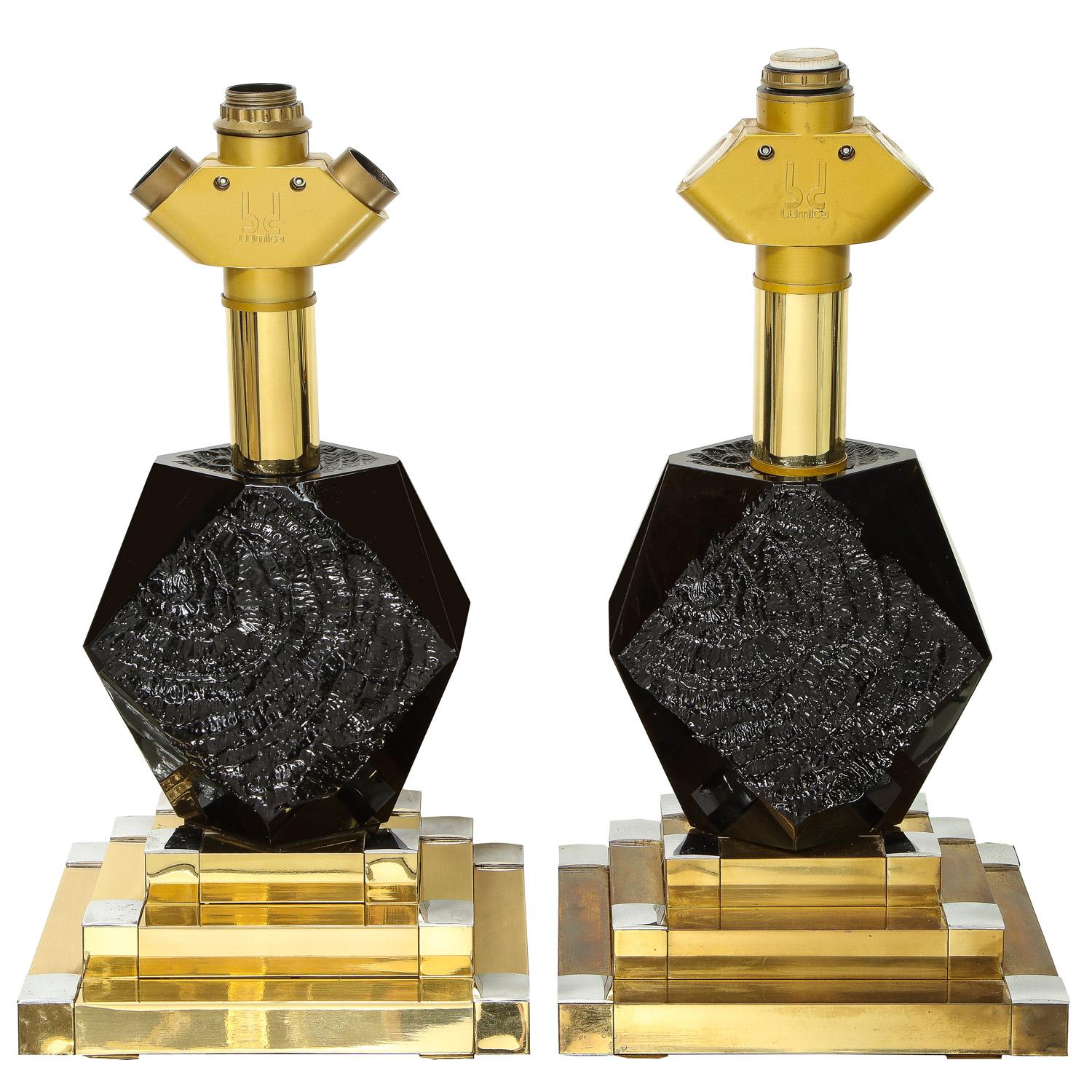 Glamorous pair of black opaline glass and brass table lamps with impressed fossil design and chrome details. Designed by Willy Rizzo for BD Lumica, Spain 1970's.

