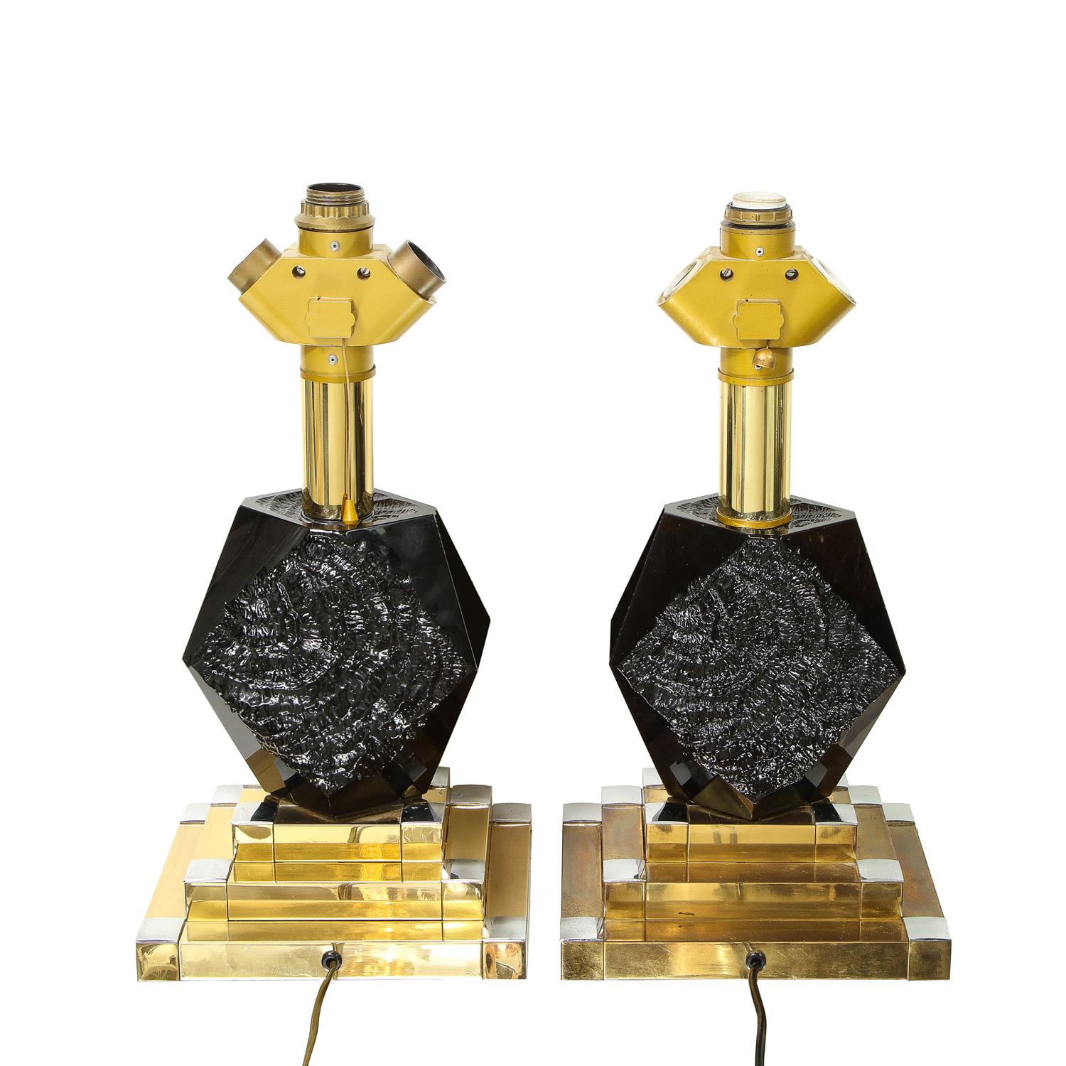Modern Willy Rizzo Pair of Impressed Glass Table Lamps, 1970s