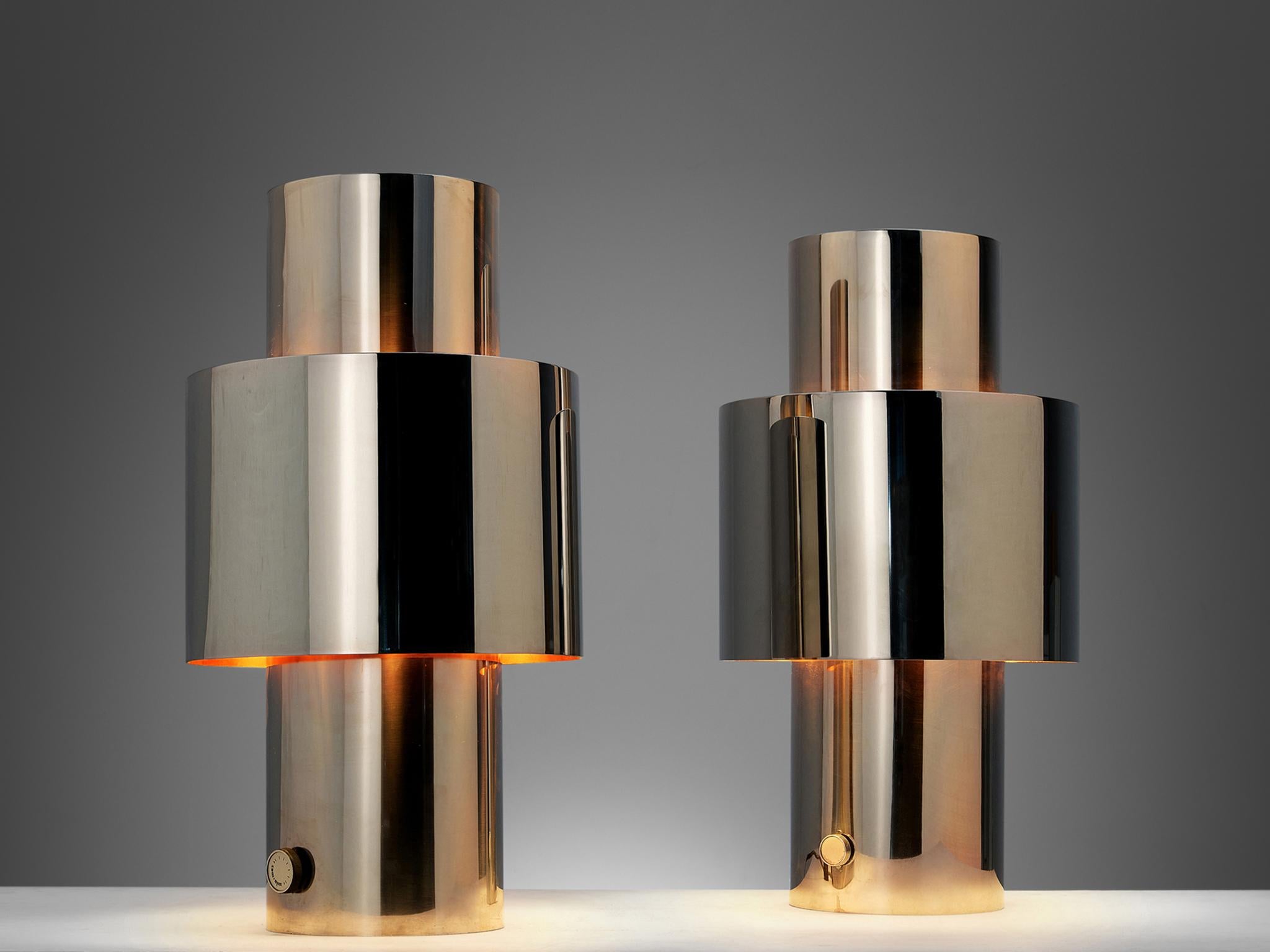 Italian Willy Rizzo Pair of 'Love' Table Lamps in Chrome and Copper