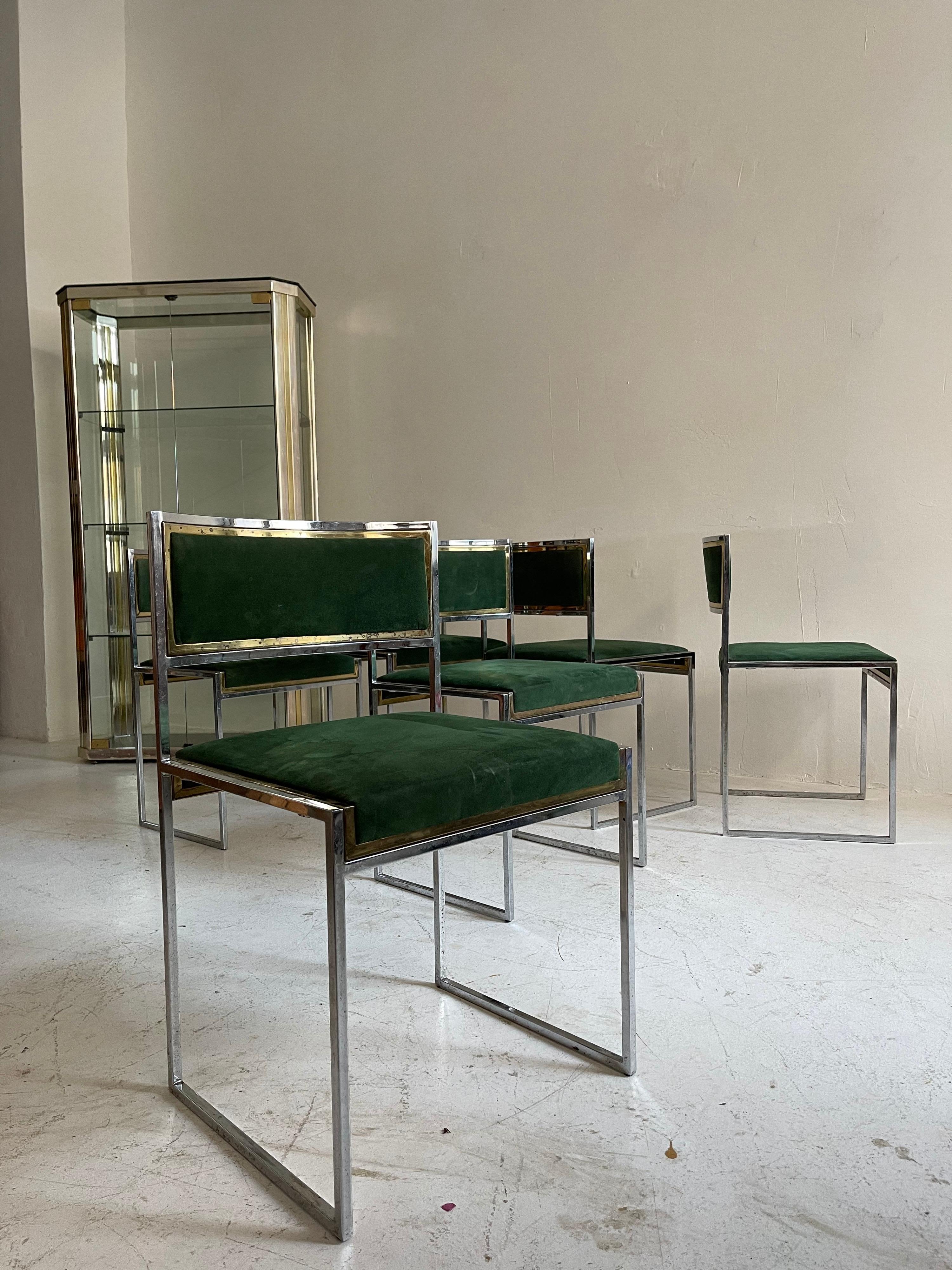 Willy Rizzo Patinated Green Suede Leather Brass Chrome Dining Chairs, Italy 1970 2