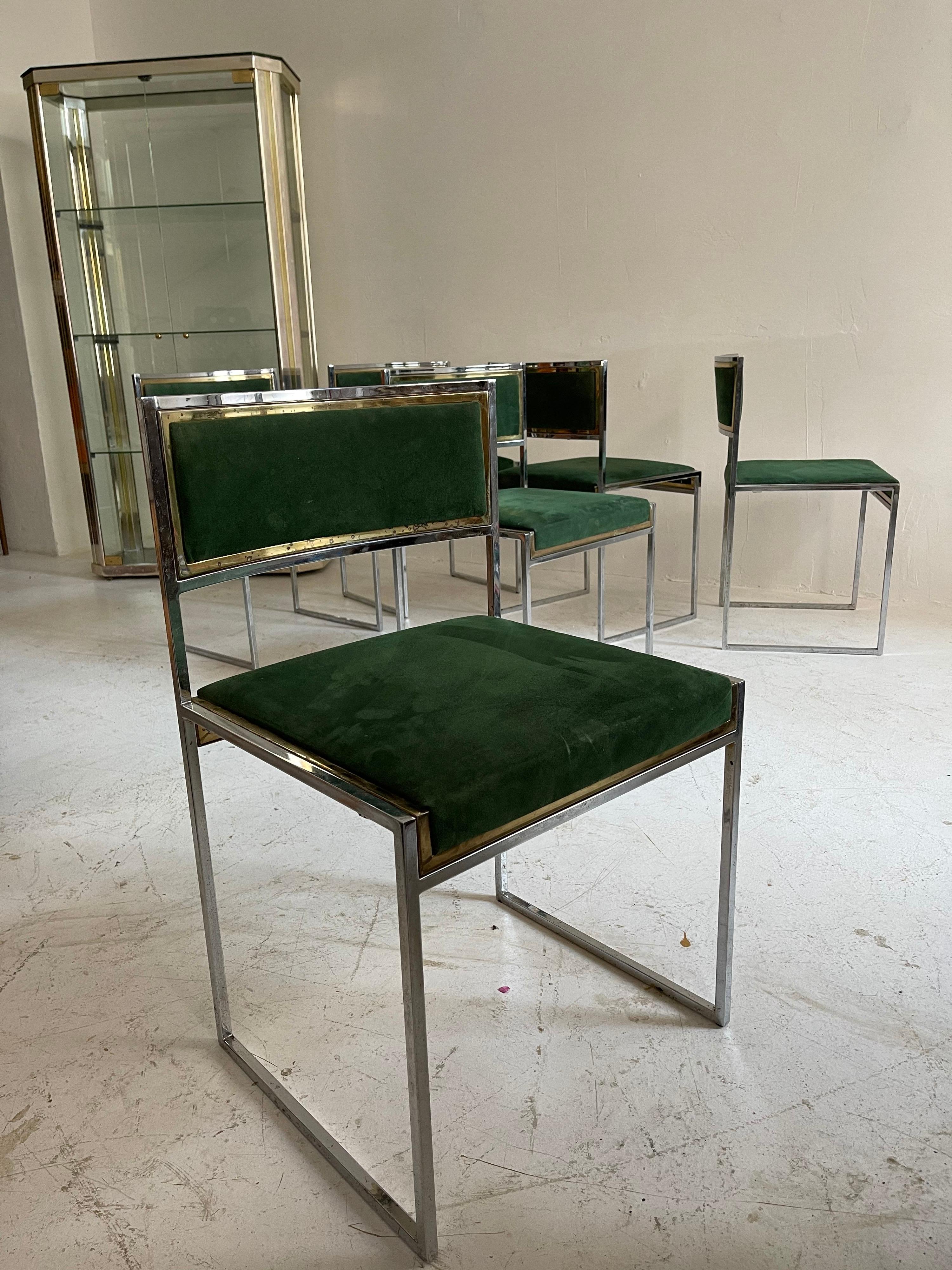 Willy Rizzo Patinated Green Suede Leather Brass Chrome Dining Chairs, Italy 1970 3