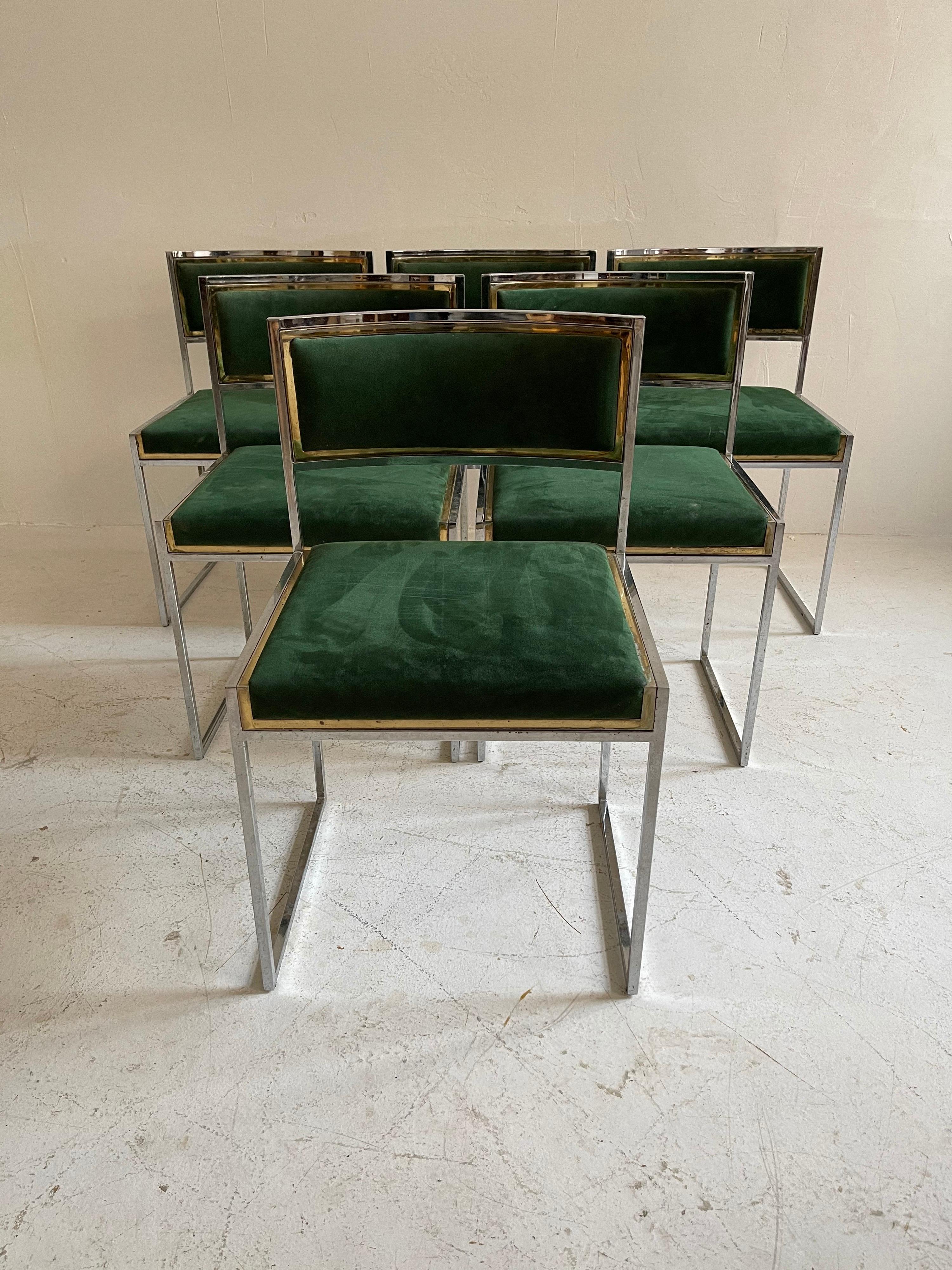 Willy Rizzo patinated green suede leather brass chrome dining chairs, Italy, 1970s.