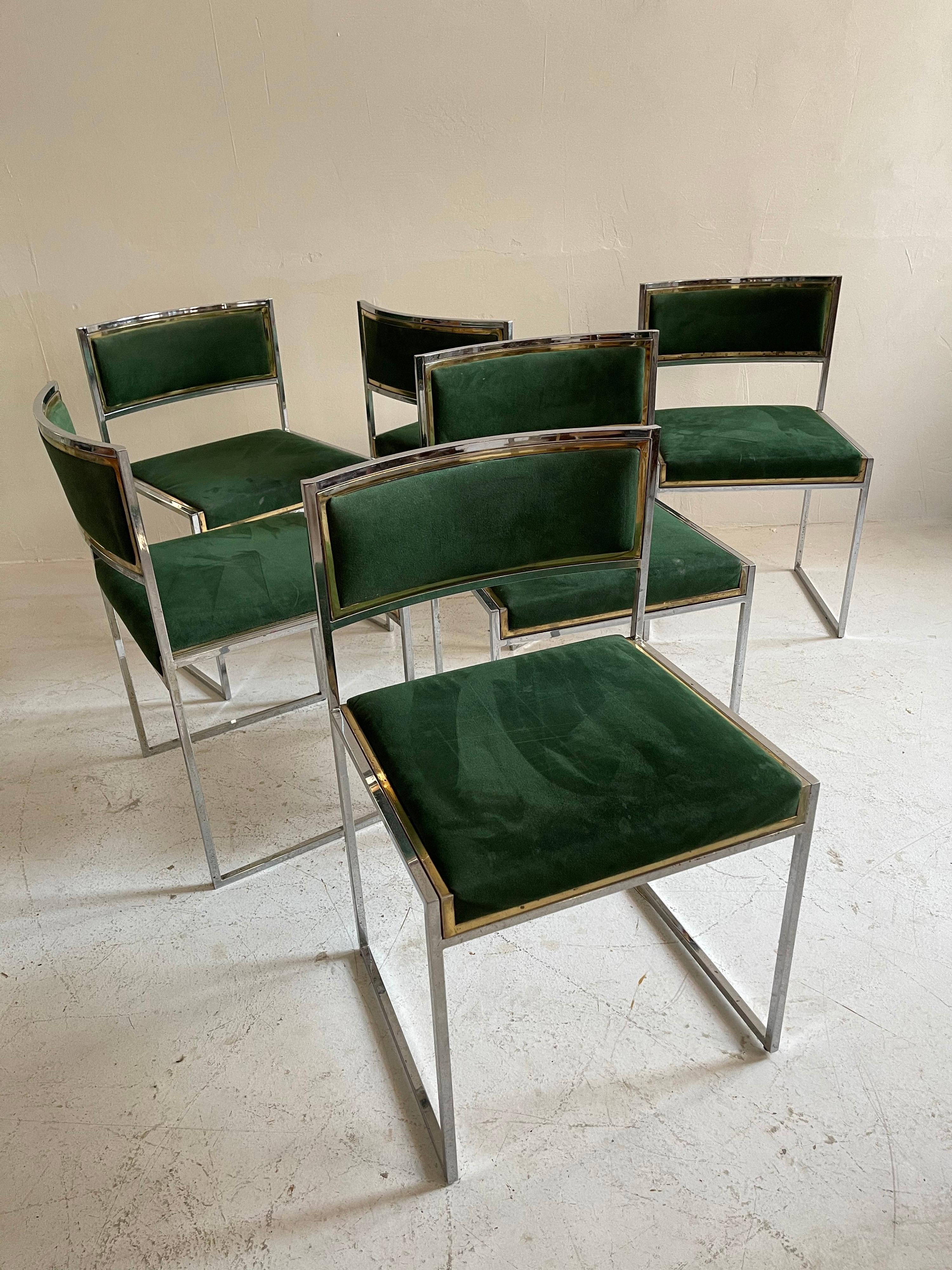 Mid-Century Modern Willy Rizzo Patinated Green Suede Leather Brass Chrome Dining Chairs, Italy 1970