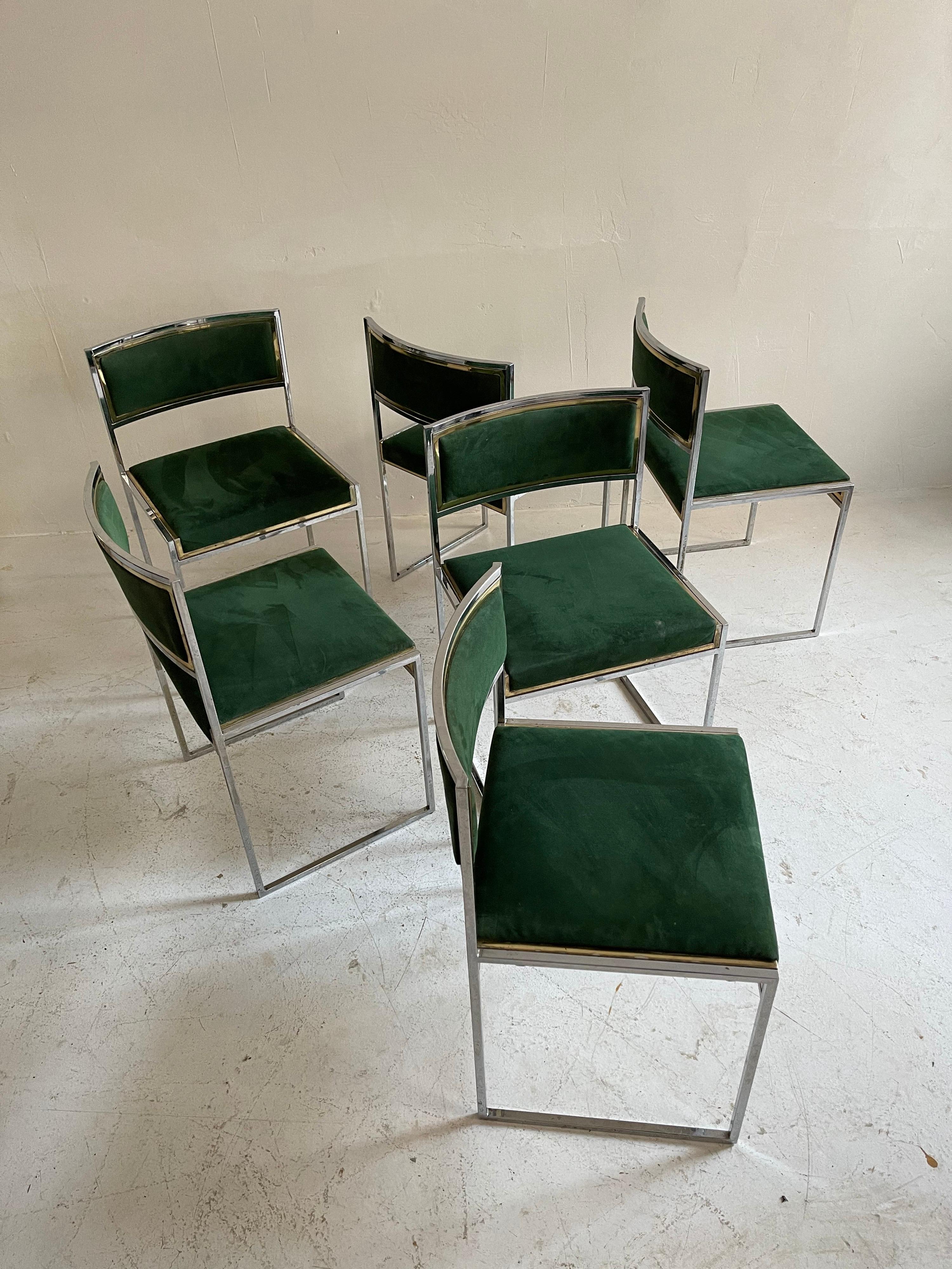 Italian Willy Rizzo Patinated Green Suede Leather Brass Chrome Dining Chairs, Italy 1970