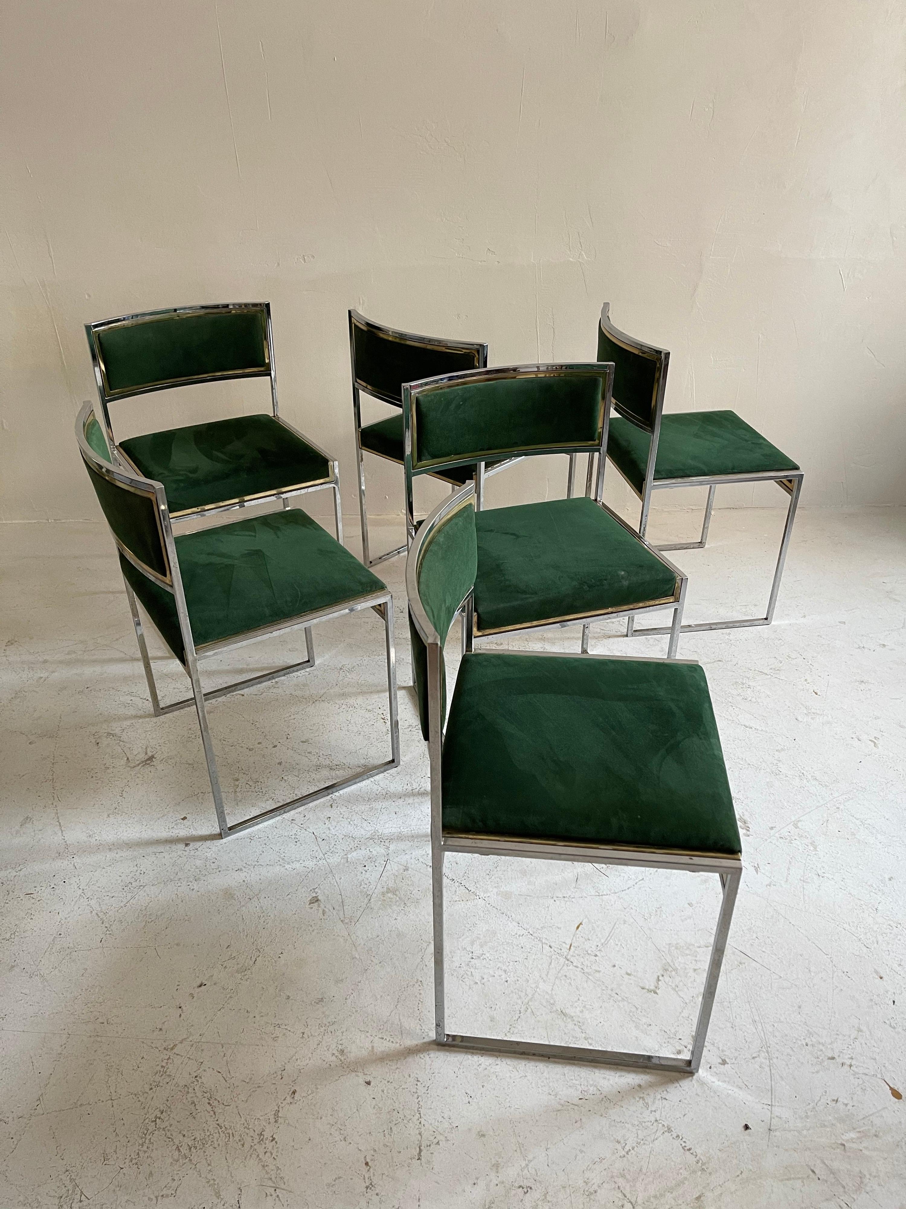 Willy Rizzo Patinated Green Suede Leather Brass Chrome Dining Chairs, Italy 1970 In Good Condition In Vienna, AT