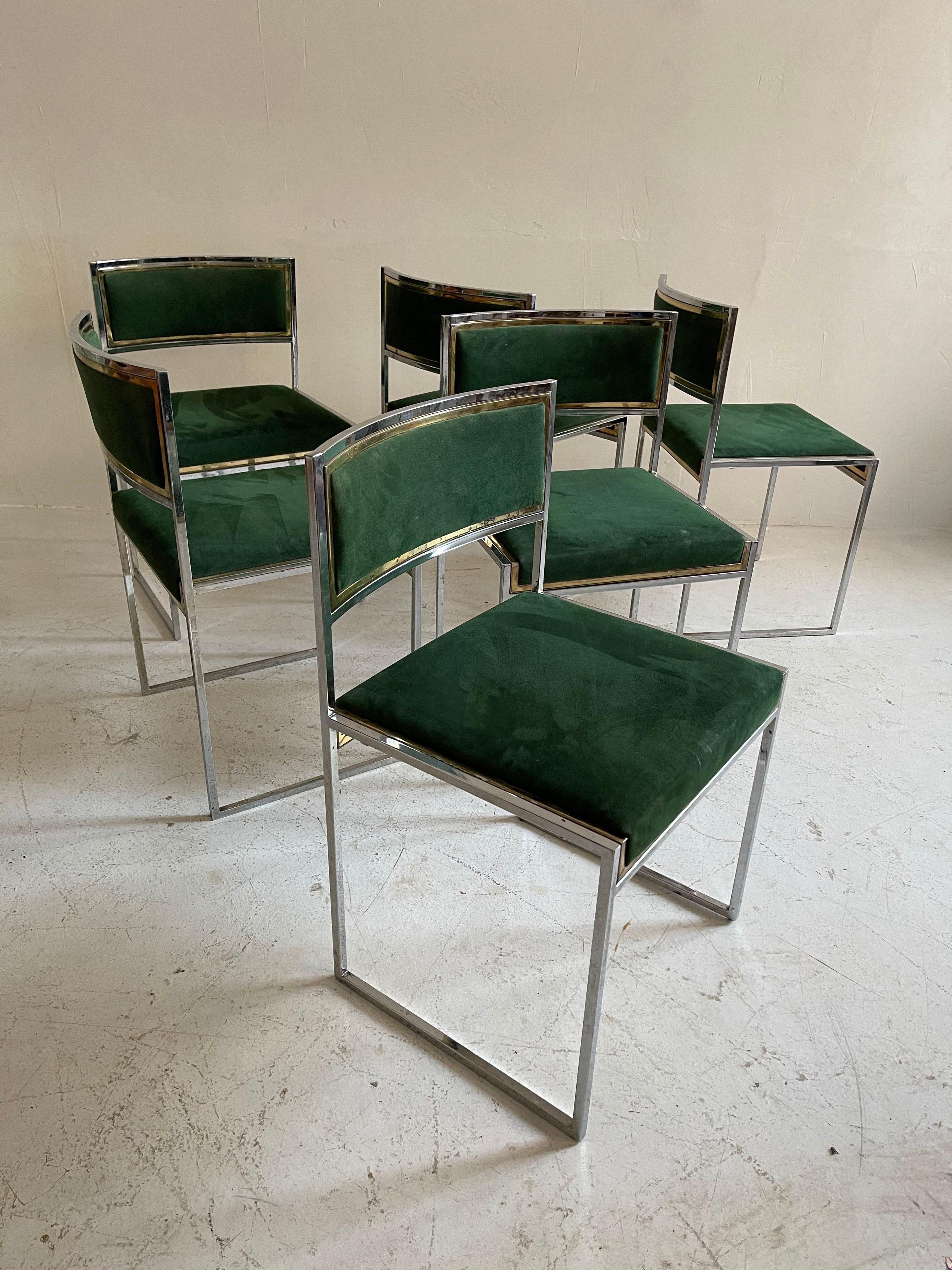 Late 20th Century Willy Rizzo Patinated Green Suede Leather Brass Chrome Dining Chairs, Italy 1970