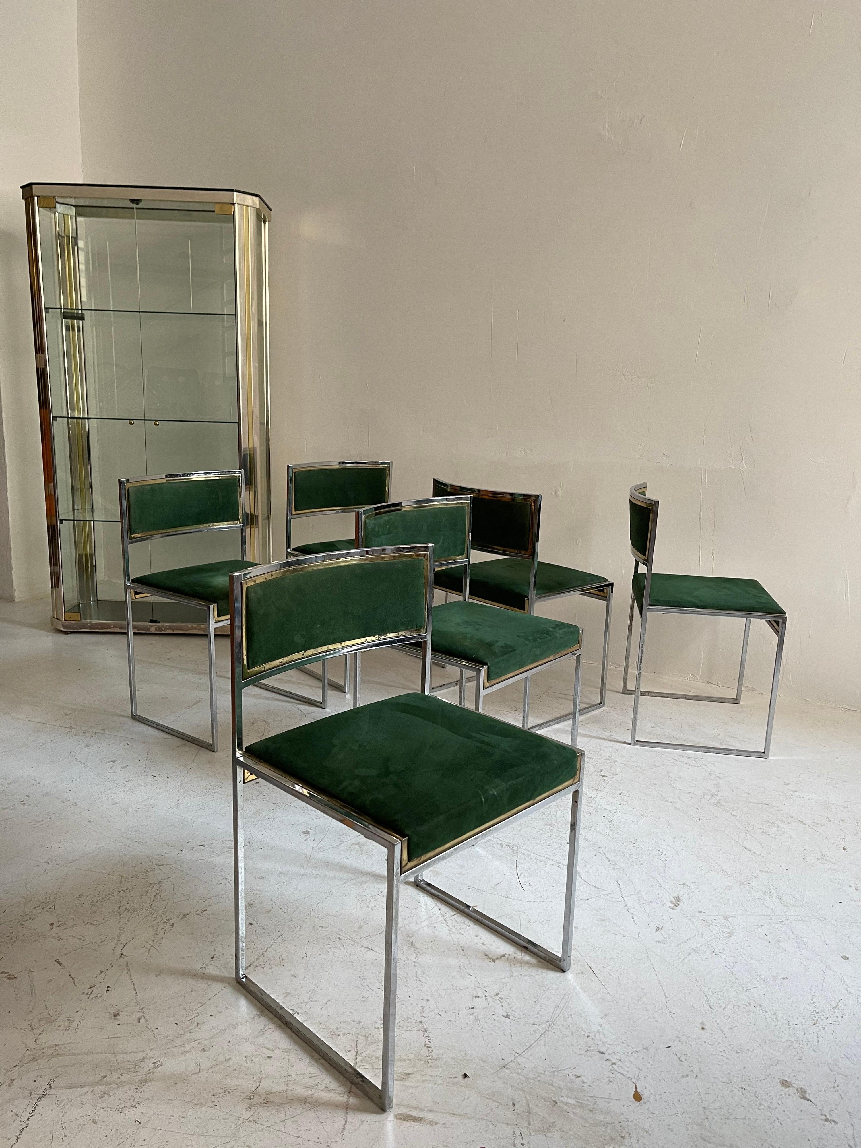 Metal Willy Rizzo Patinated Green Suede Leather Brass Chrome Dining Chairs, Italy 1970