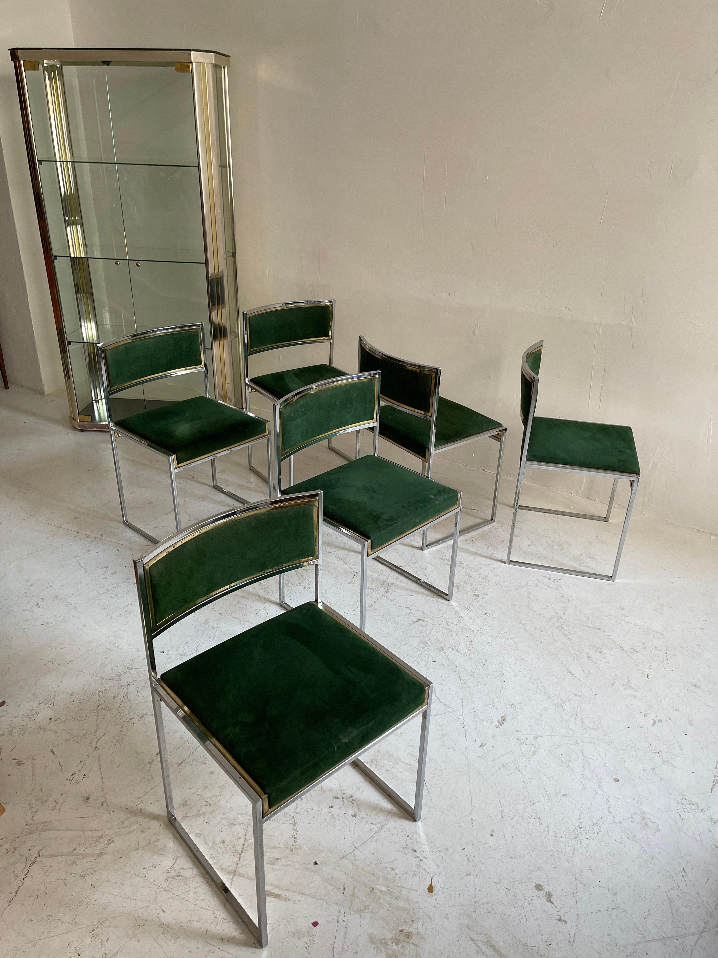 Willy Rizzo Patinated Green Suede Leather Brass Chrome Dining Chairs, Italy 1970 1