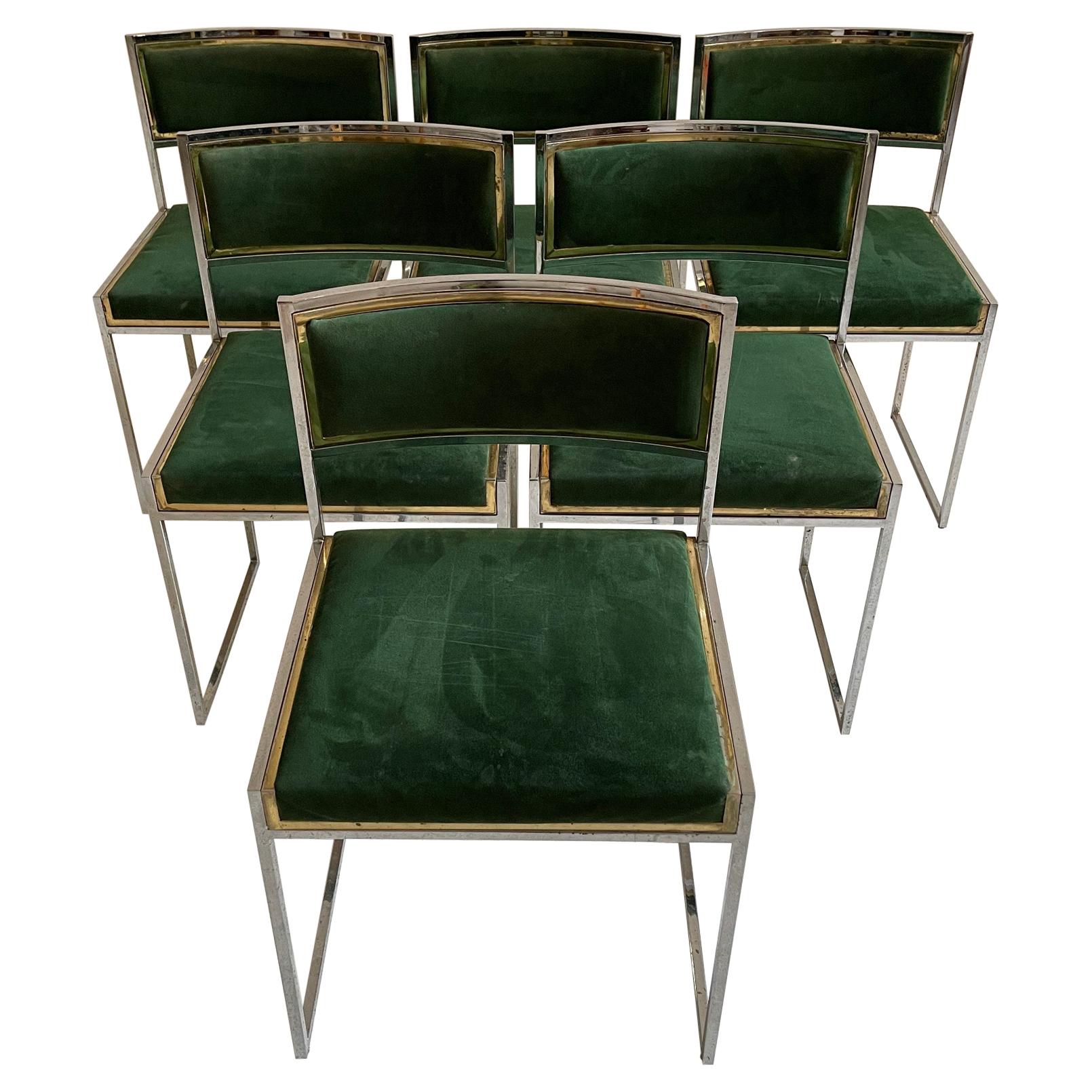 Willy Rizzo Patinated Green Suede Leather Brass Chrome Dining Chairs, Italy 1970