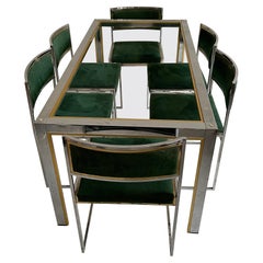 Willy Rizzo Patinated Suede Leather Brass Chrome Dining Room Set, Italy, 1970s