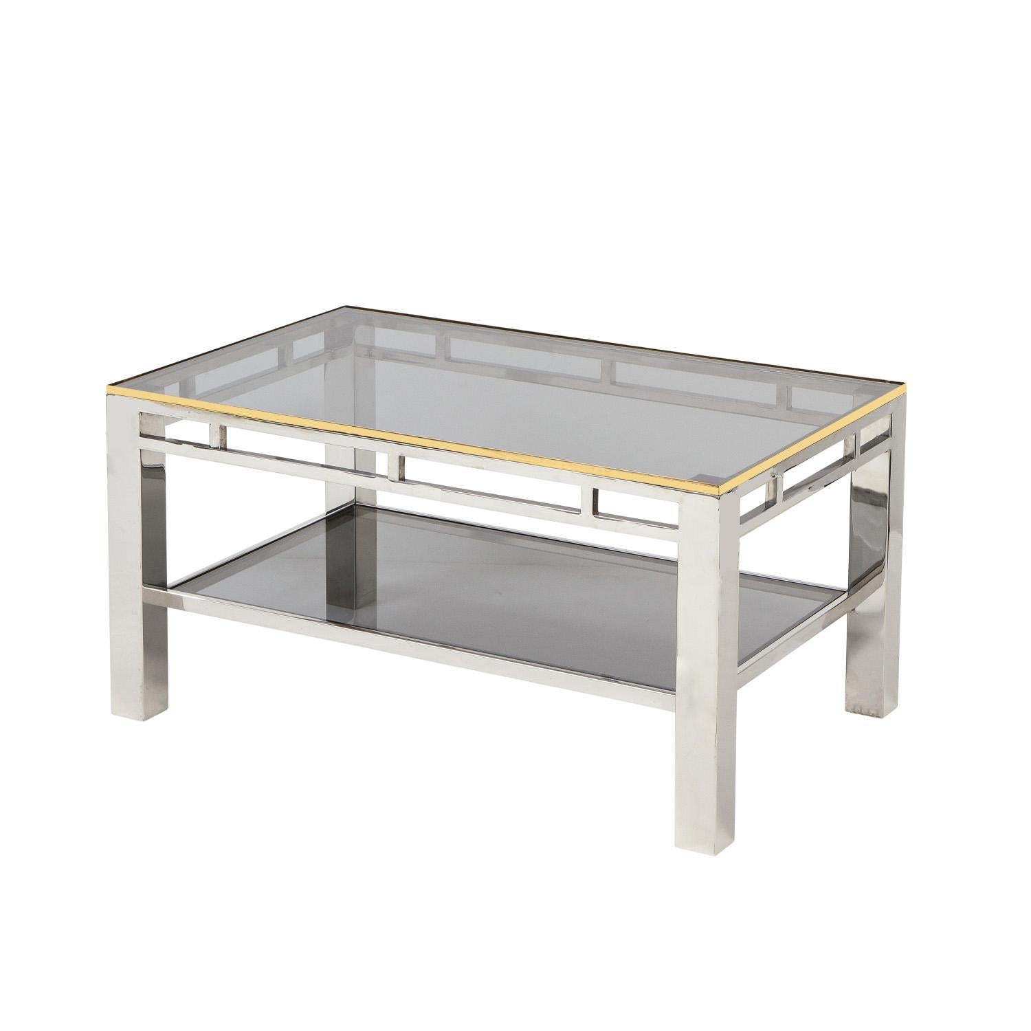 Petit 2-tier coffee table in polished chrome and brass with inset smoke glass tops by Willy Rizzo, Italian 1970's (signed on leg 