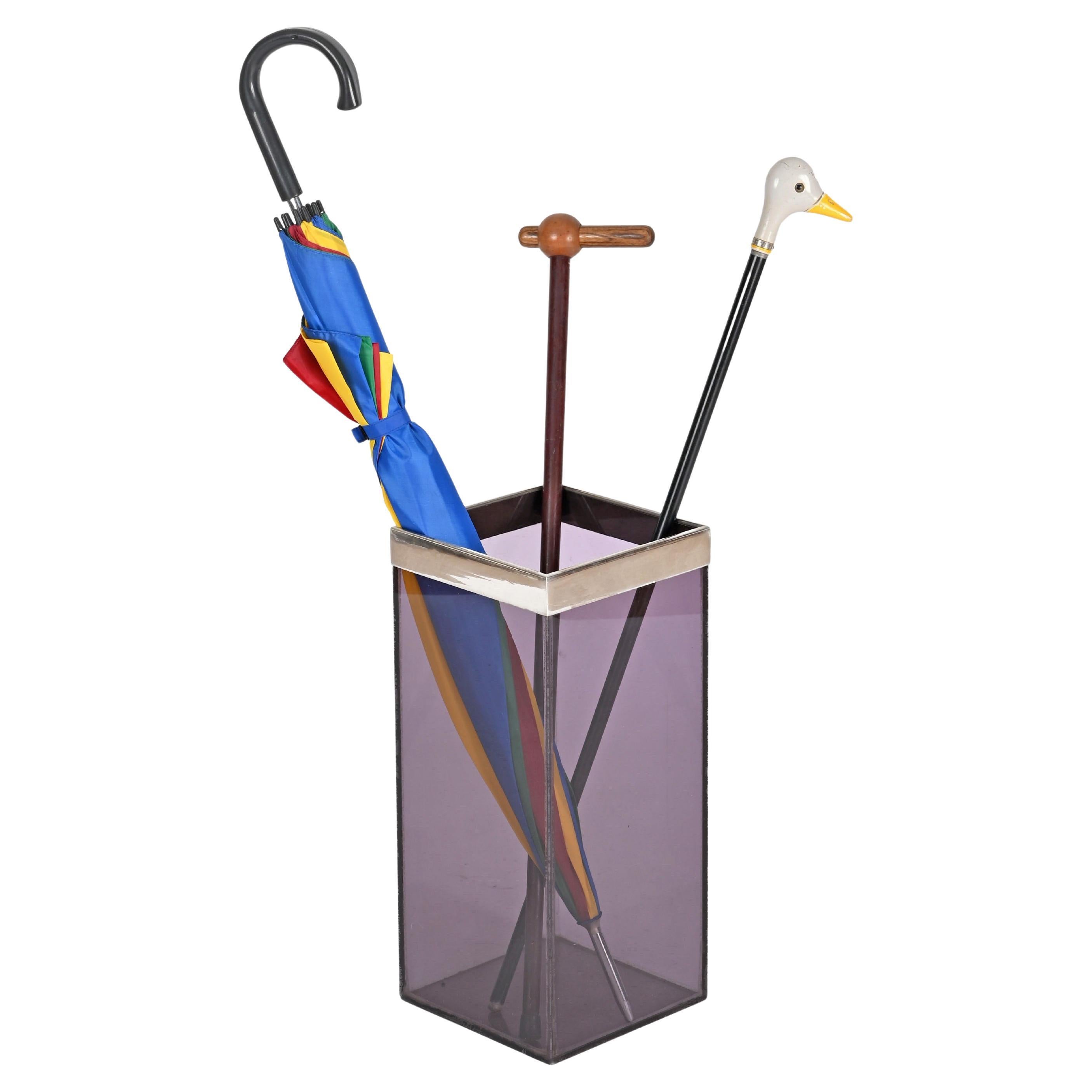 Willy Rizzo Purple Lavender Lucite and Chrome Italian Umbrella Stand, 1970s