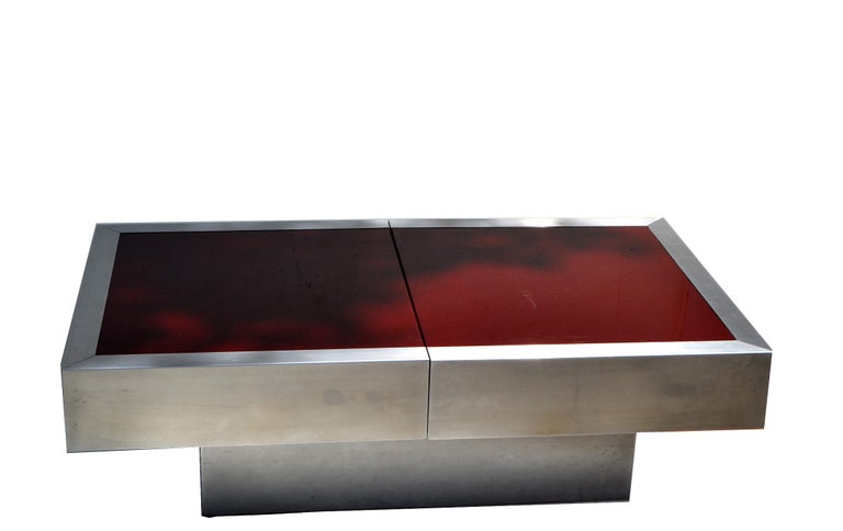 Willy Rizzo Red Glass Top Mid-Century Modern Steel Cocktail Table Dry Bar 1965 For Sale 5