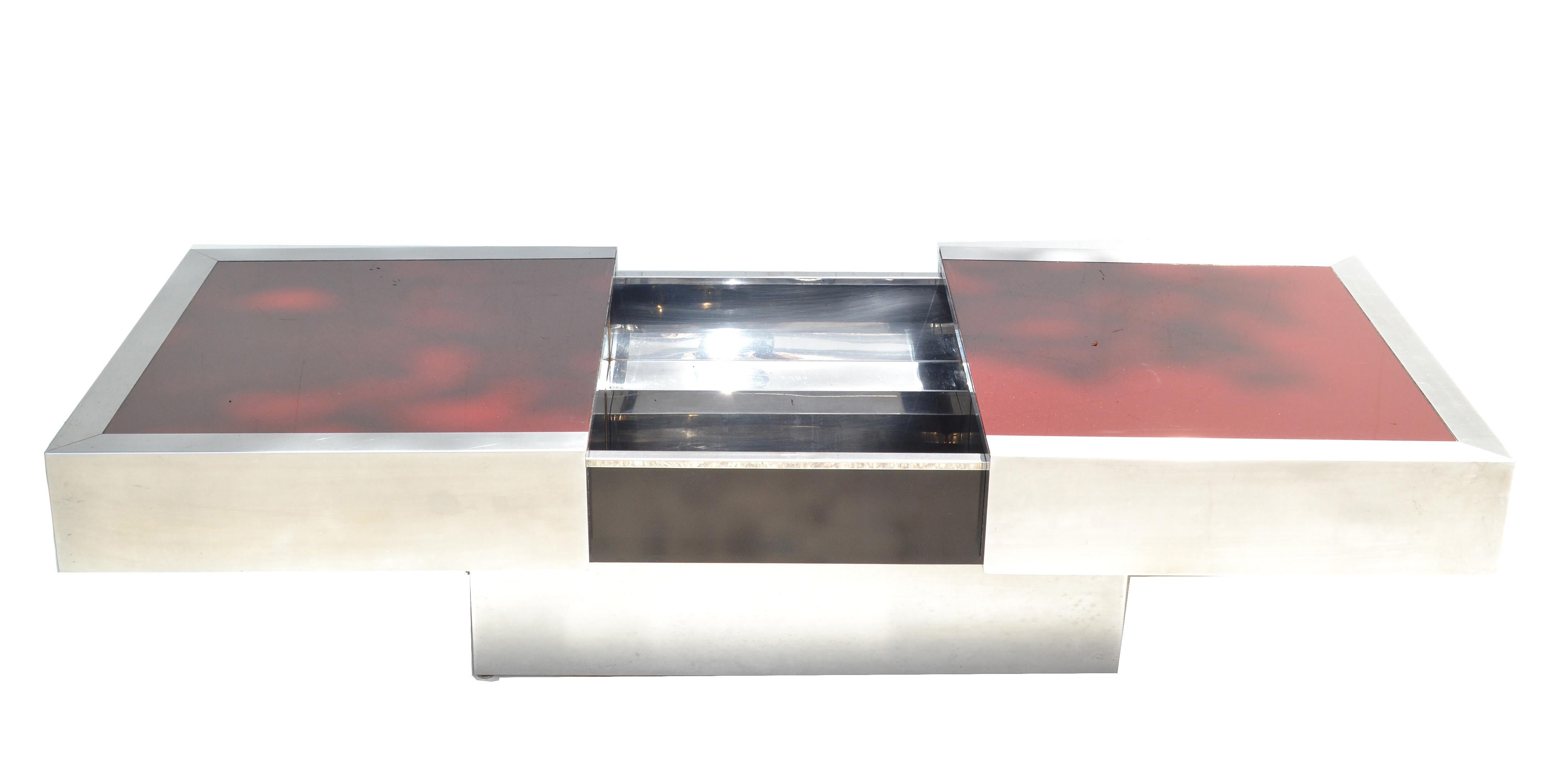 Willy Rizzo Red Glass Top Mid-Century Modern Steel Cocktail Table Dry Bar 1965 In Fair Condition In Miami, FL