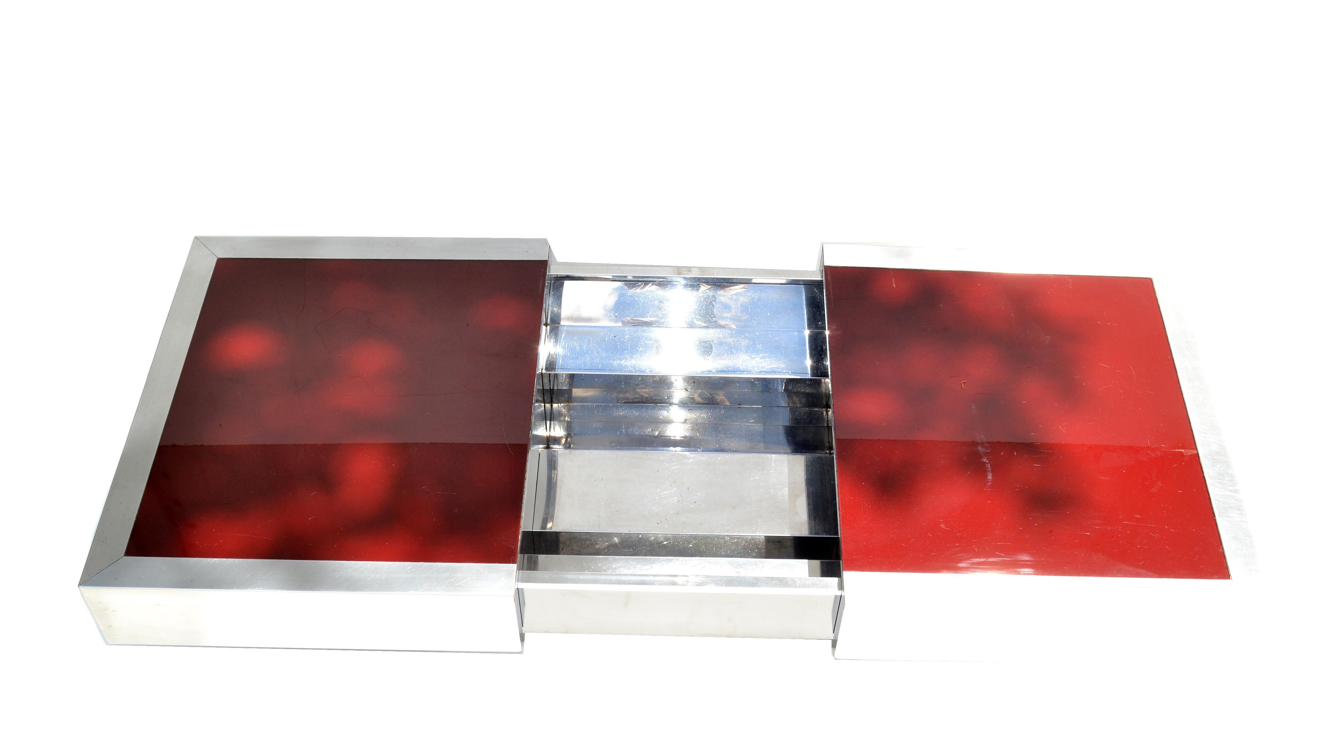 Mid-20th Century Willy Rizzo Red Glass Top Mid-Century Modern Steel Cocktail Table Dry Bar 1965