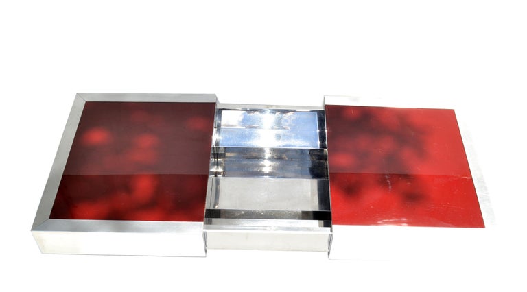 Mid-20th Century Willy Rizzo Red Glass Top Mid-Century Modern Steel Cocktail Table Dry Bar 1965 For Sale
