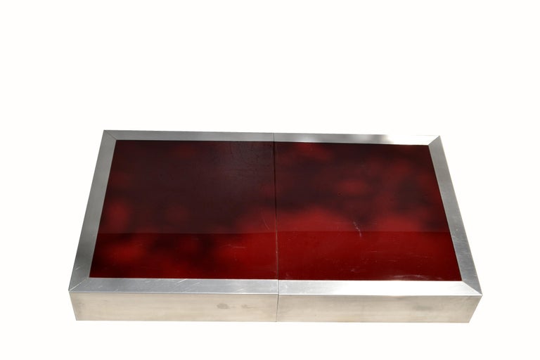 Willy Rizzo Red Glass Top Mid-Century Modern Steel Cocktail Table Dry Bar 1965 For Sale 1