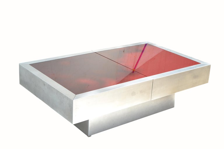 Willy Rizzo Red Glass Top Mid-Century Modern Steel Cocktail Table Dry Bar 1965 For Sale 3