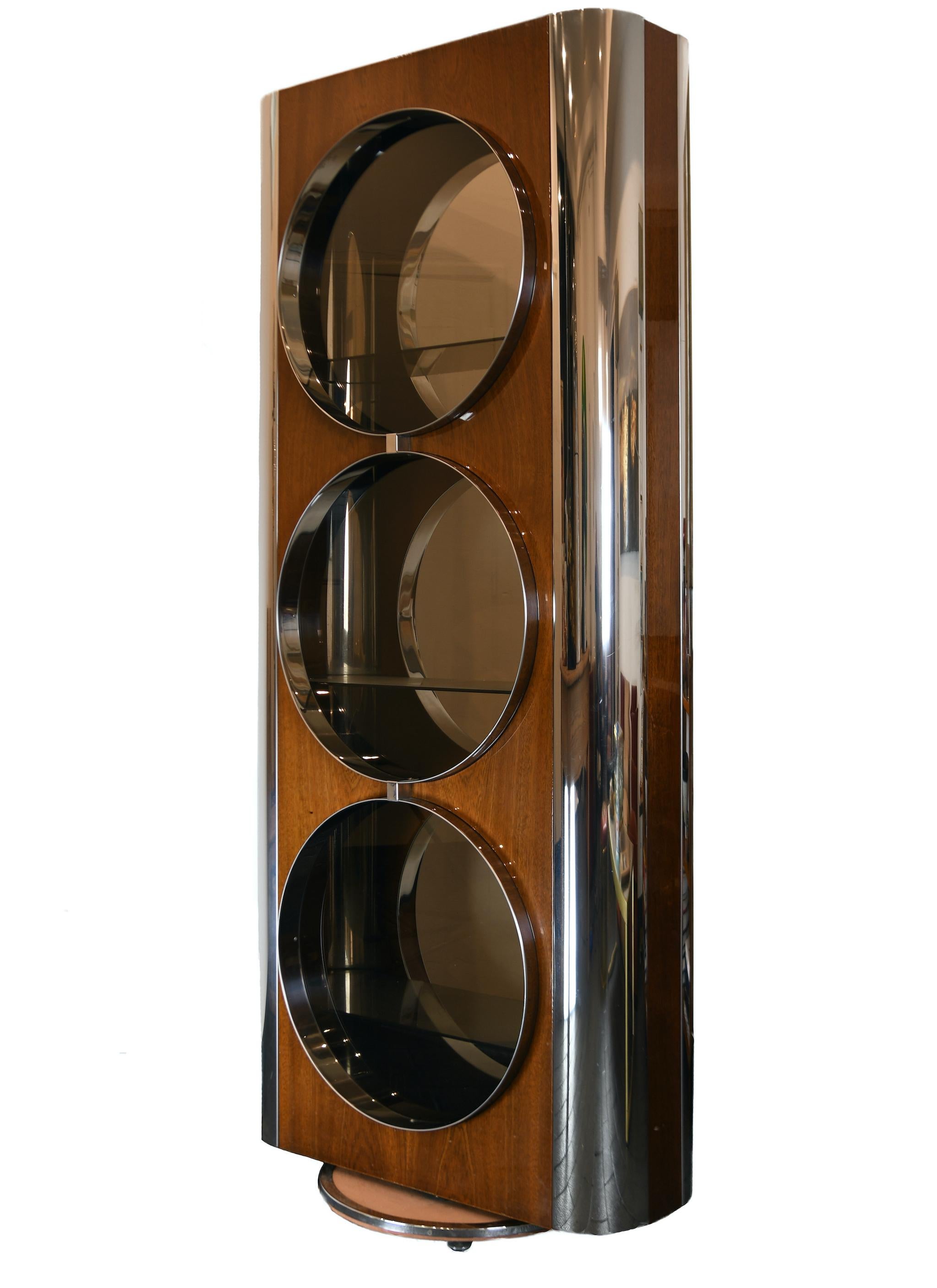 Modern Willy Rizzo Rotating Display Case in Laminated Wood, Stainless Steel and Glass