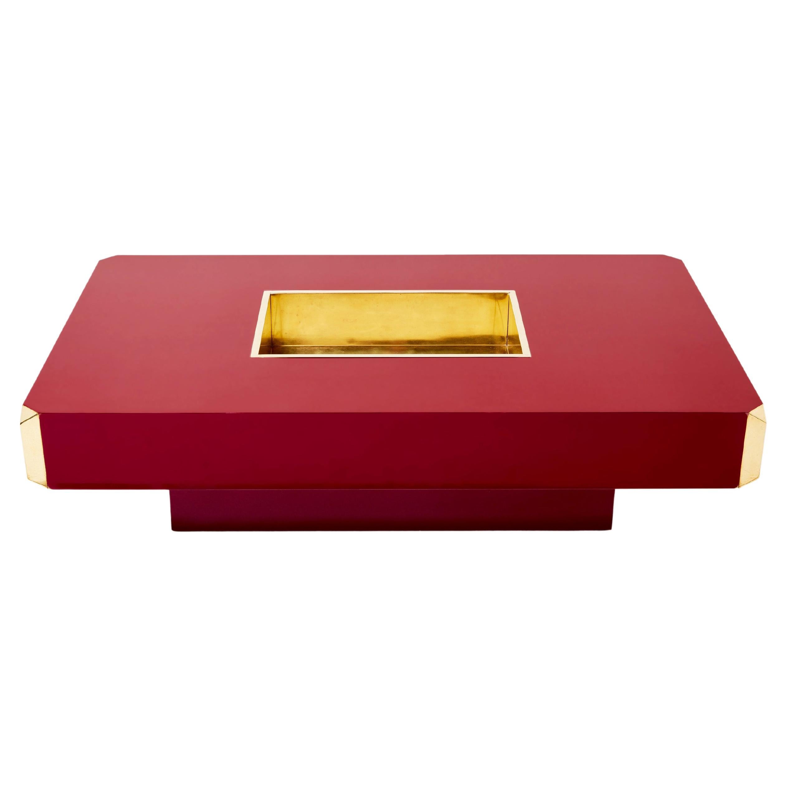 Willy Rizzo Ruby Red Lacquer and Brass Bar Coffee Table Alveo, 1970s