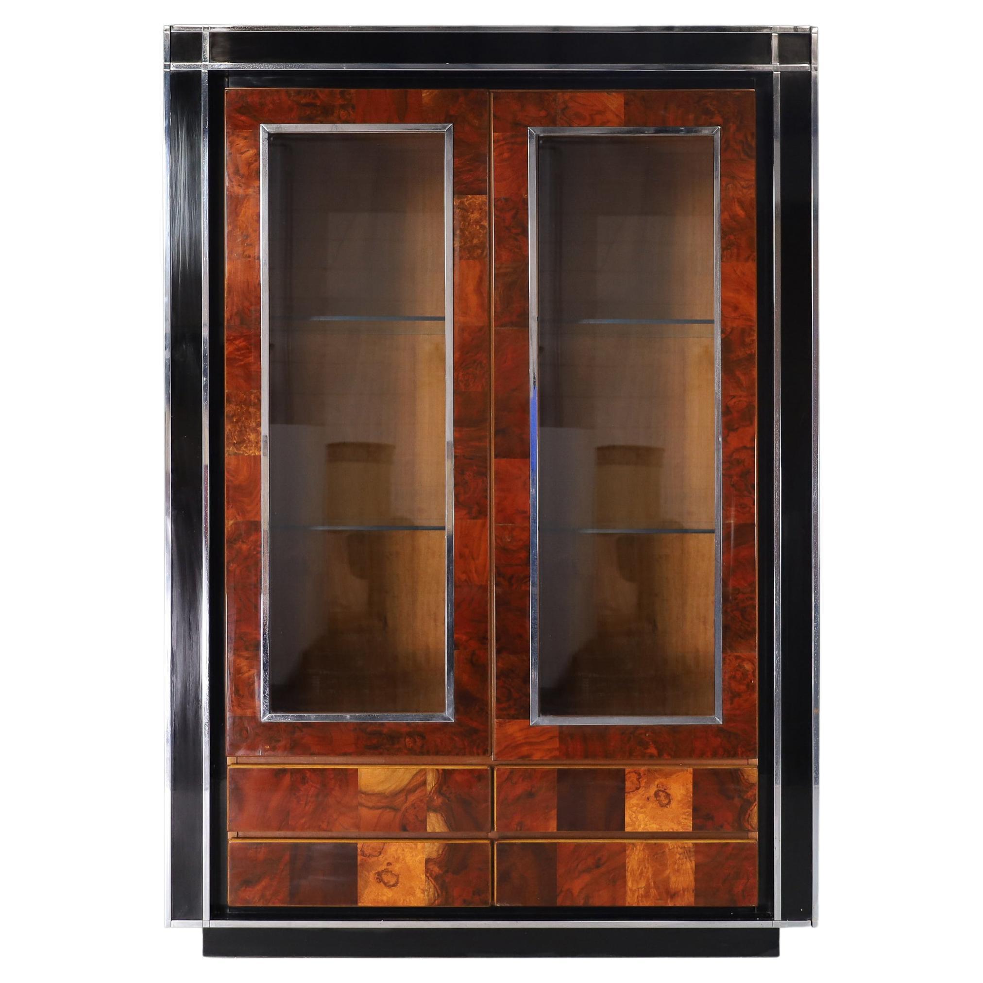 Willy Rizzo Vitrina con puertas de cristal de madera de secuoya y laca negra 1970 en venta