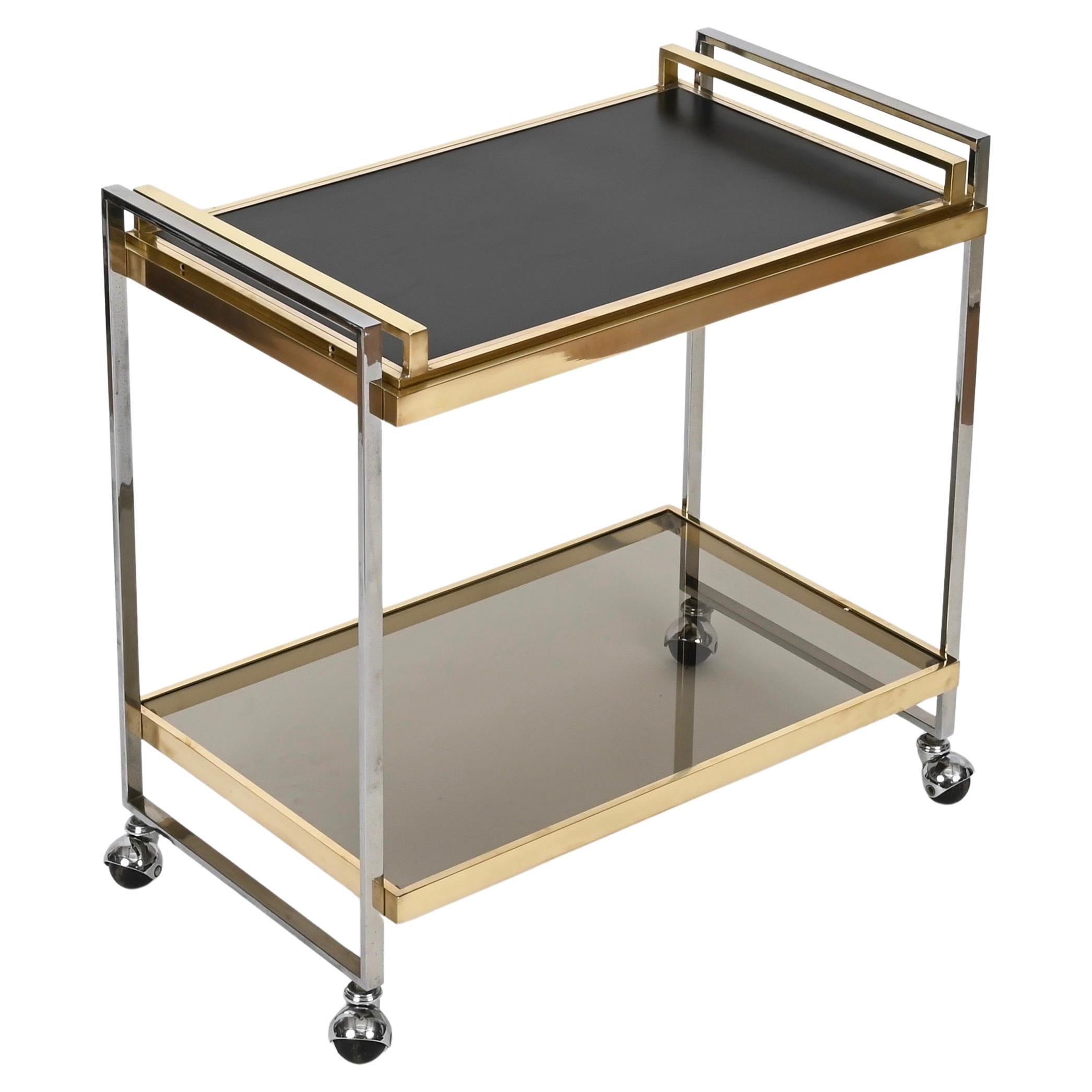 Willy Rizzo Serving Bar Cart in Chrome, Brass, Smoked Glass, w/ Tray, Italy 1970
