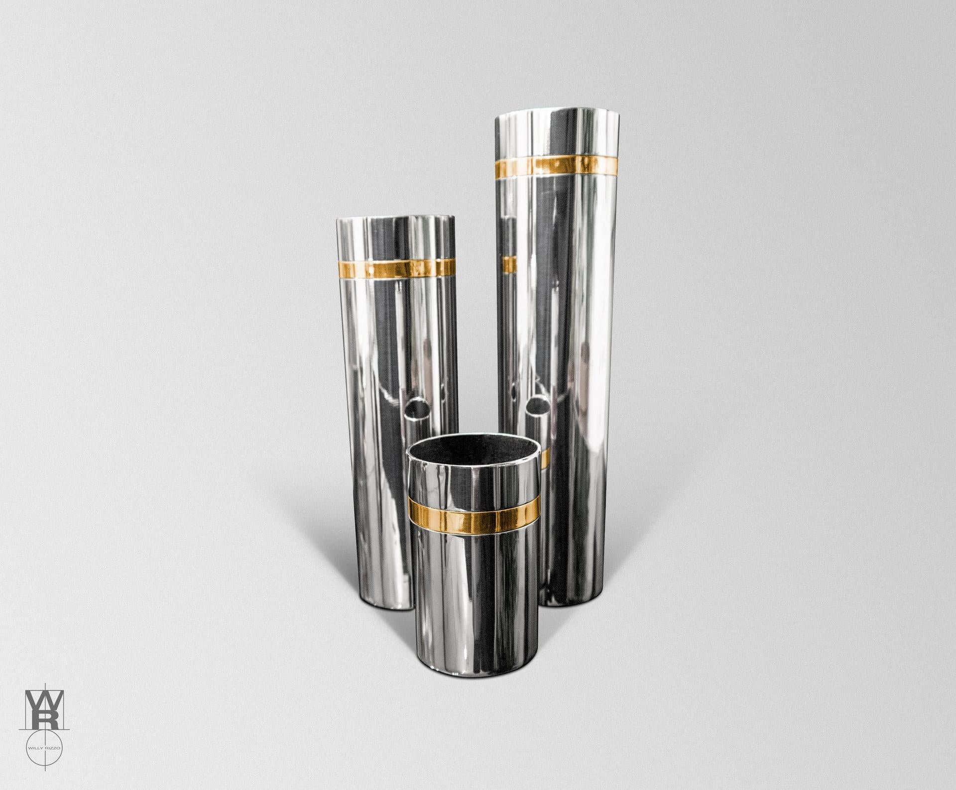 Set di 3 vasi Willy Rizzo in acciaio inossidabile con inserto in ottone in vendita 2