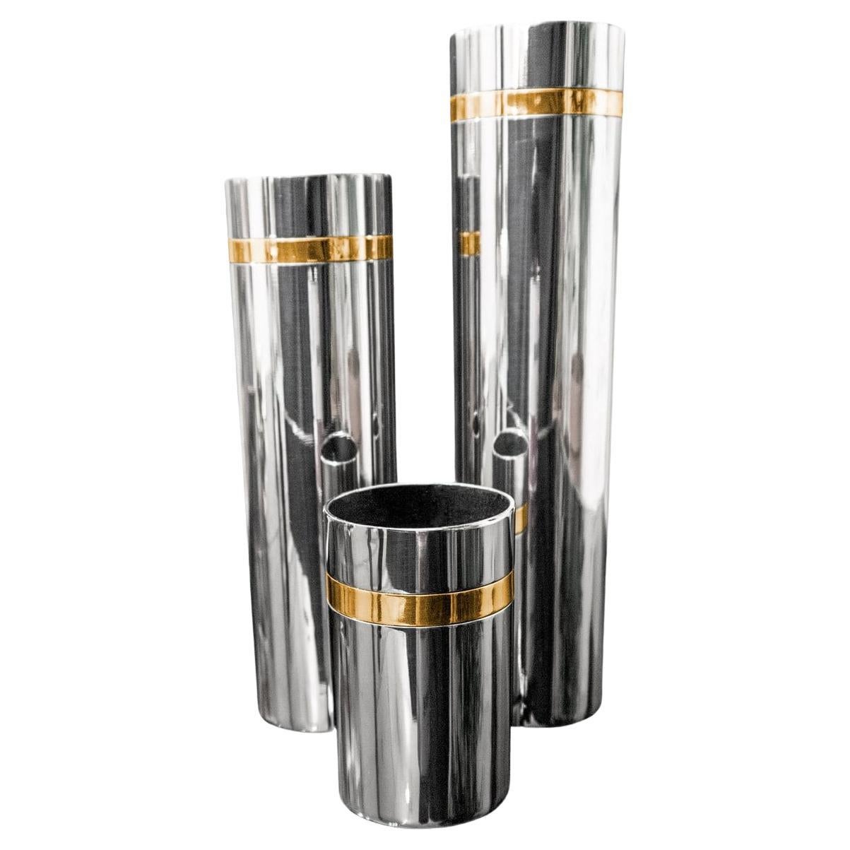 Set di 3 vasi Willy Rizzo in acciaio inossidabile con inserto in ottone in vendita