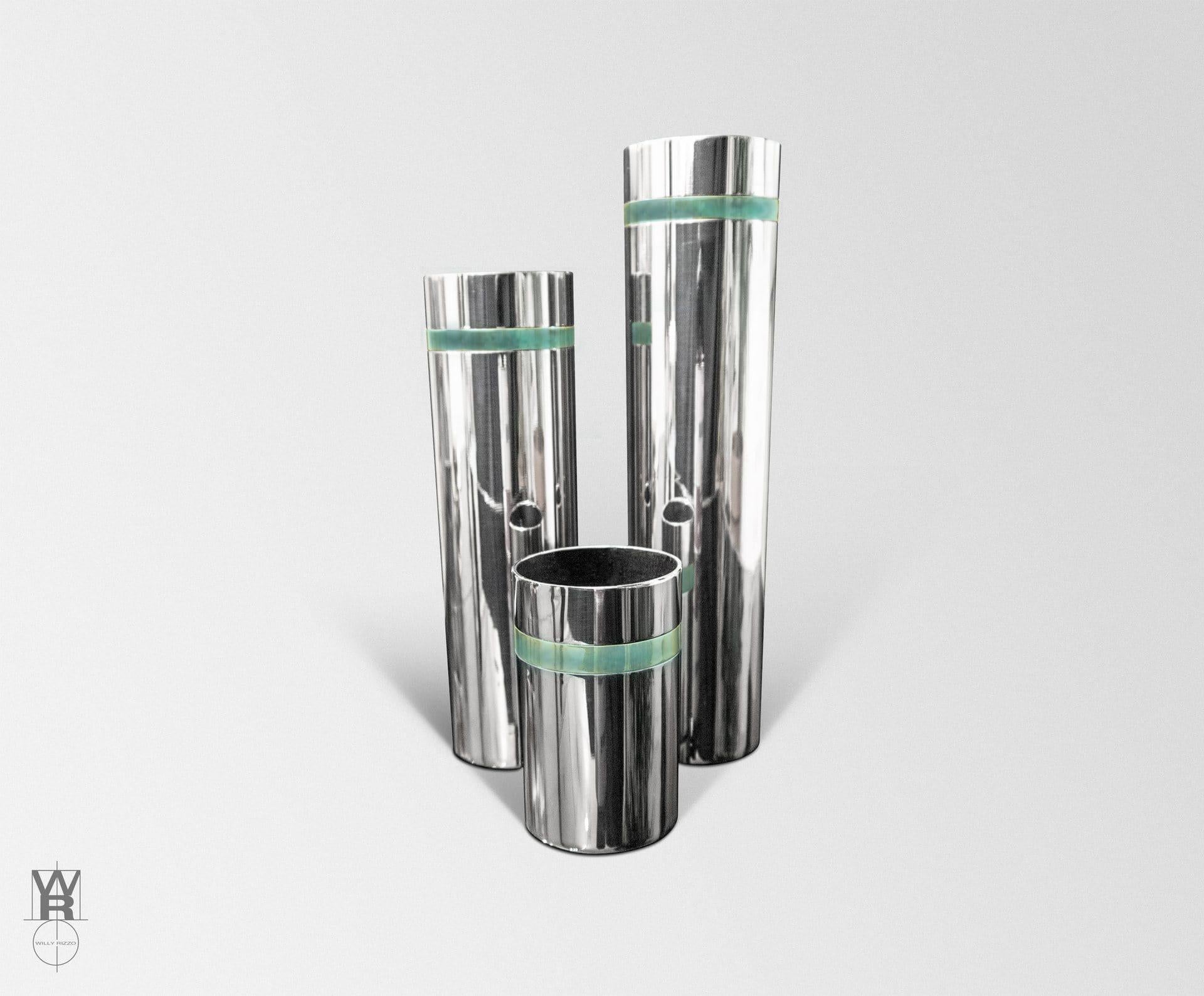 Lucidato Set di 3 vasi Willy Rizzo in acciaio inossidabile con inserto in ottone Greene & Greene in vendita