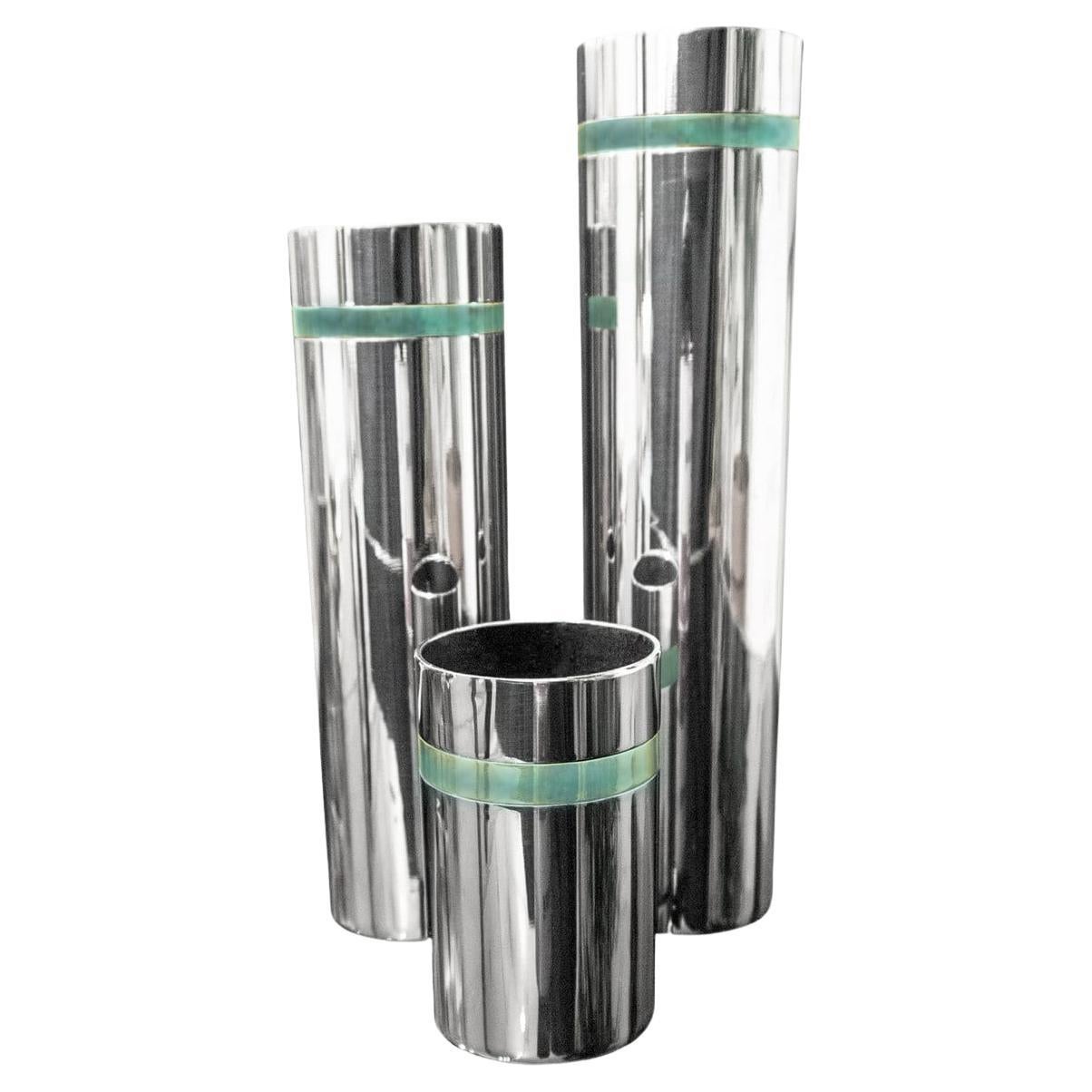 Set di 3 vasi Willy Rizzo in acciaio inossidabile con inserto in ottone Greene & Greene