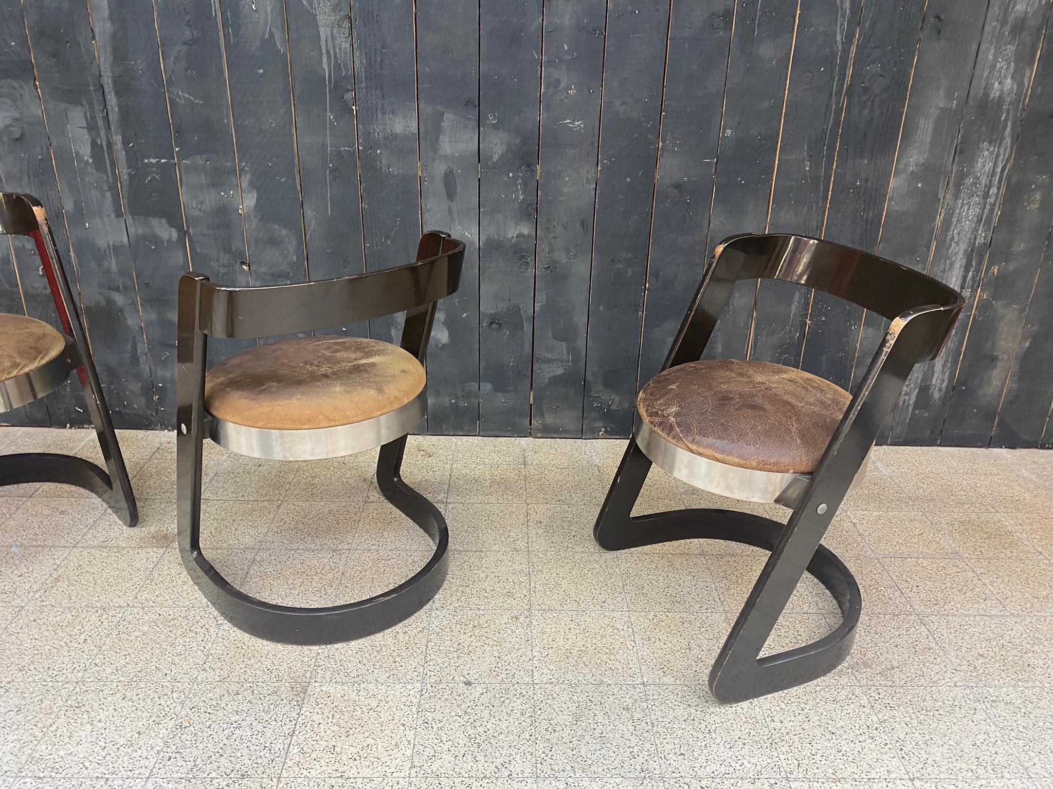 Stainless Steel Willy Rizzo, Set of 6 Chairs in Lacquered Wood and Steel for Mario Sabot, Italy For Sale