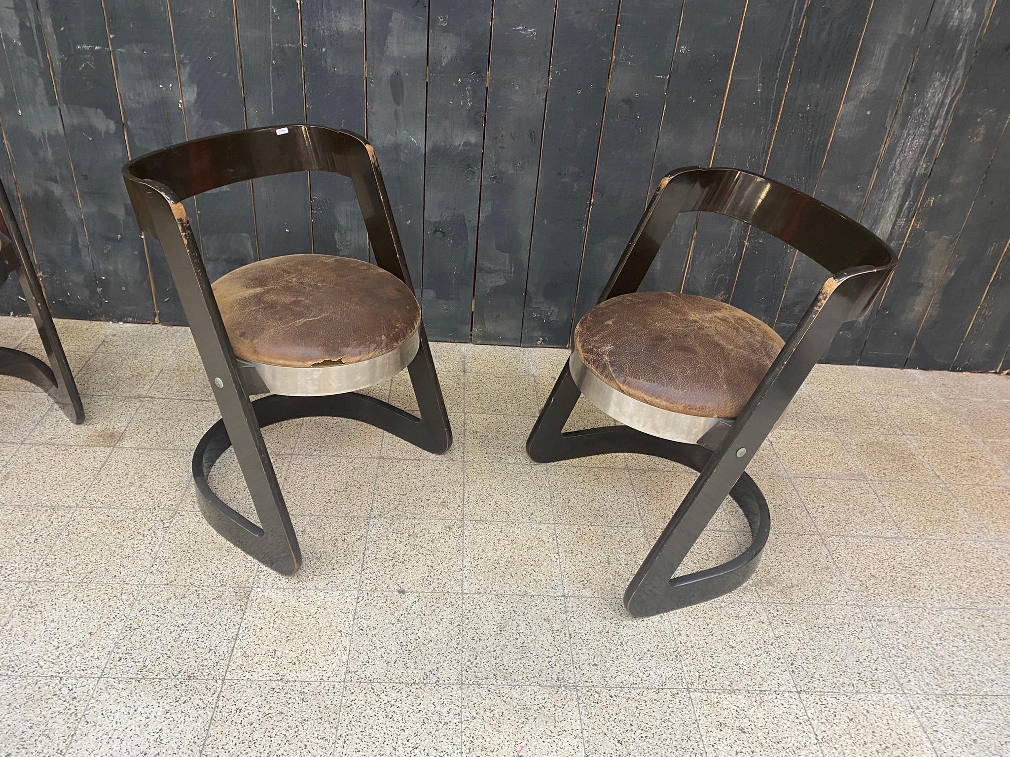 Italian Willy Rizzo, Set of 6 Chairs in Lacquered Wood and Steel for Mario Sabot, Italy For Sale
