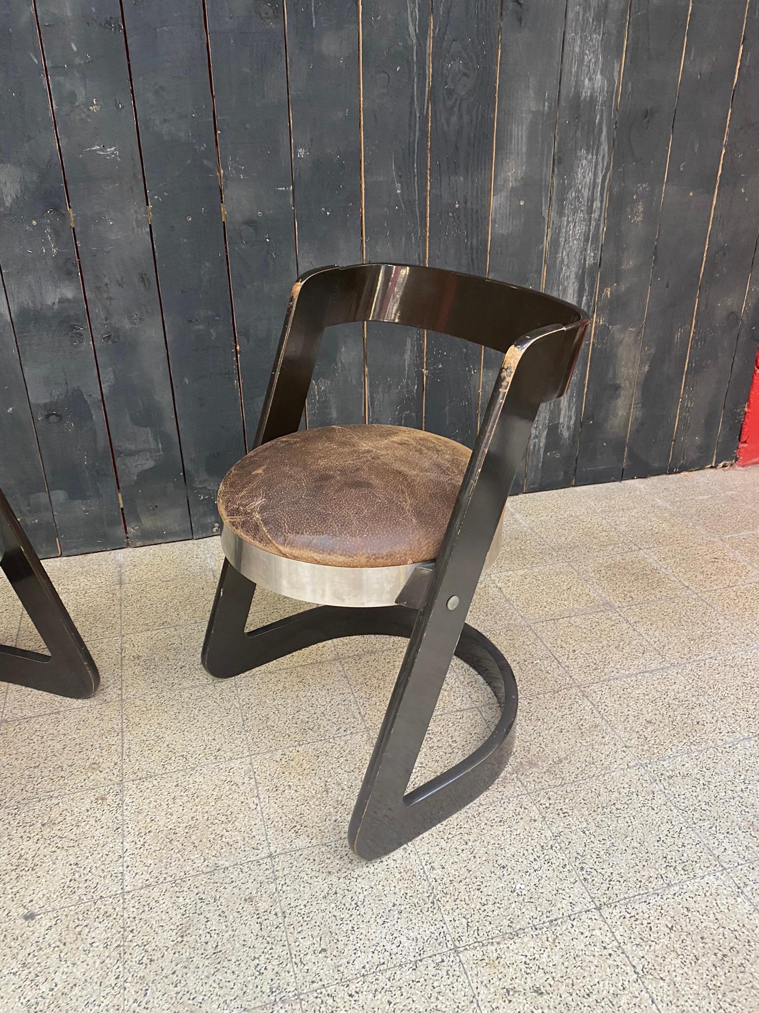 Willy Rizzo, Set of 6 Chairs in Lacquered Wood and Steel for Mario Sabot, Italy In Fair Condition For Sale In Mouscron, WHT