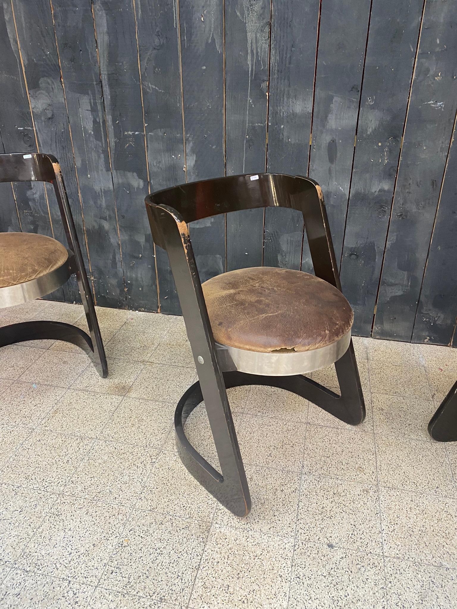 Mid-20th Century Willy Rizzo, Set of 6 Chairs in Lacquered Wood and Steel for Mario Sabot, Italy For Sale