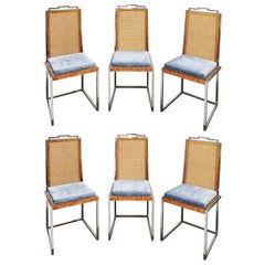 Willy Rizzo Set of 6 Dining Chairs in Chrome and Burl Wood, 1970s