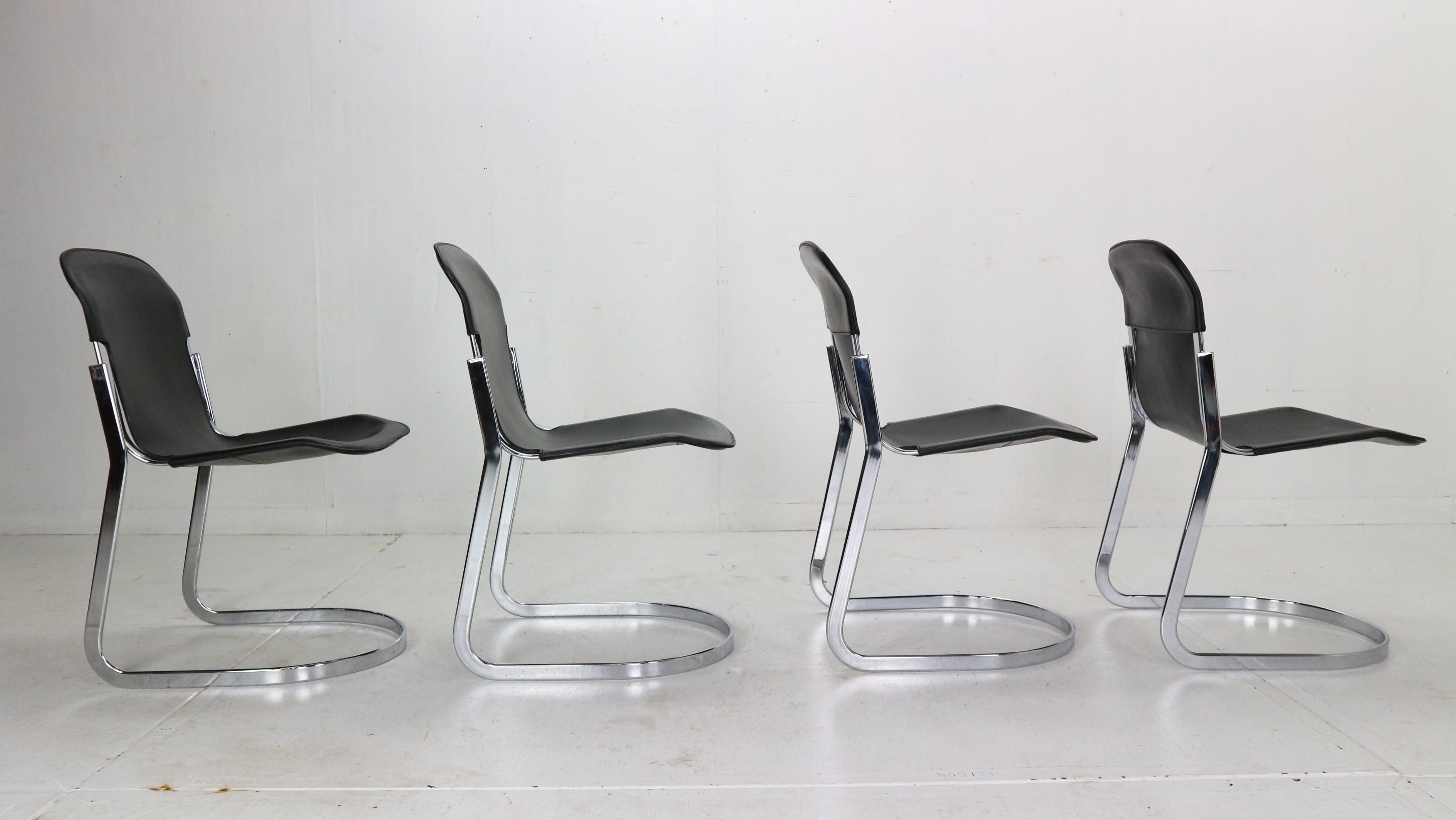 Willy Rizzo Set of Black Leather Dining Chairs 