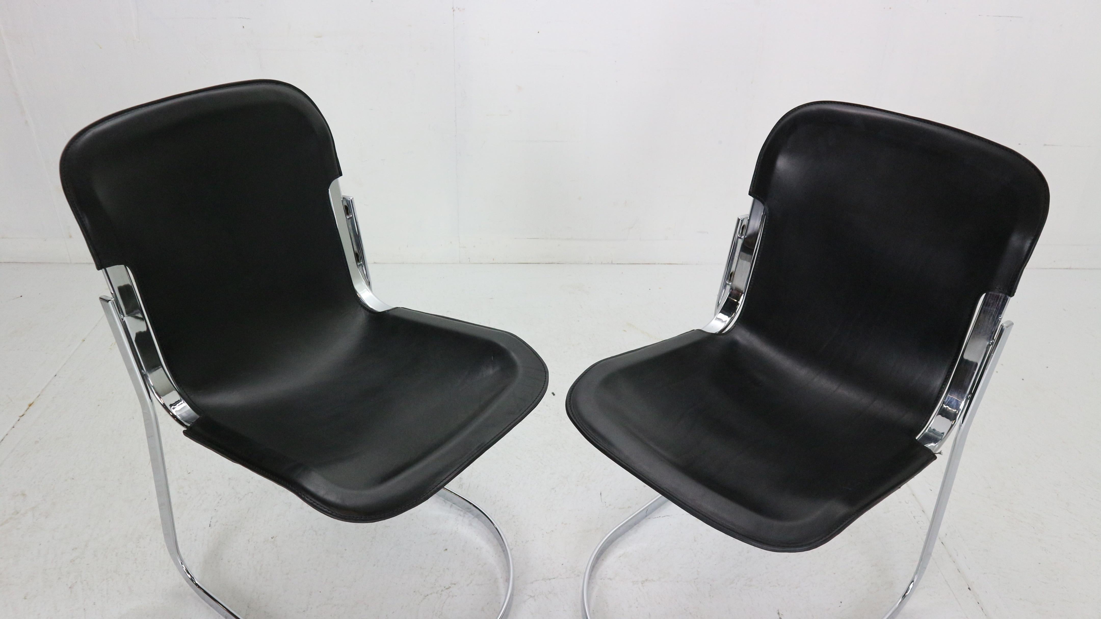 Willy Rizzo Set of Black Leather Dining Chairs 