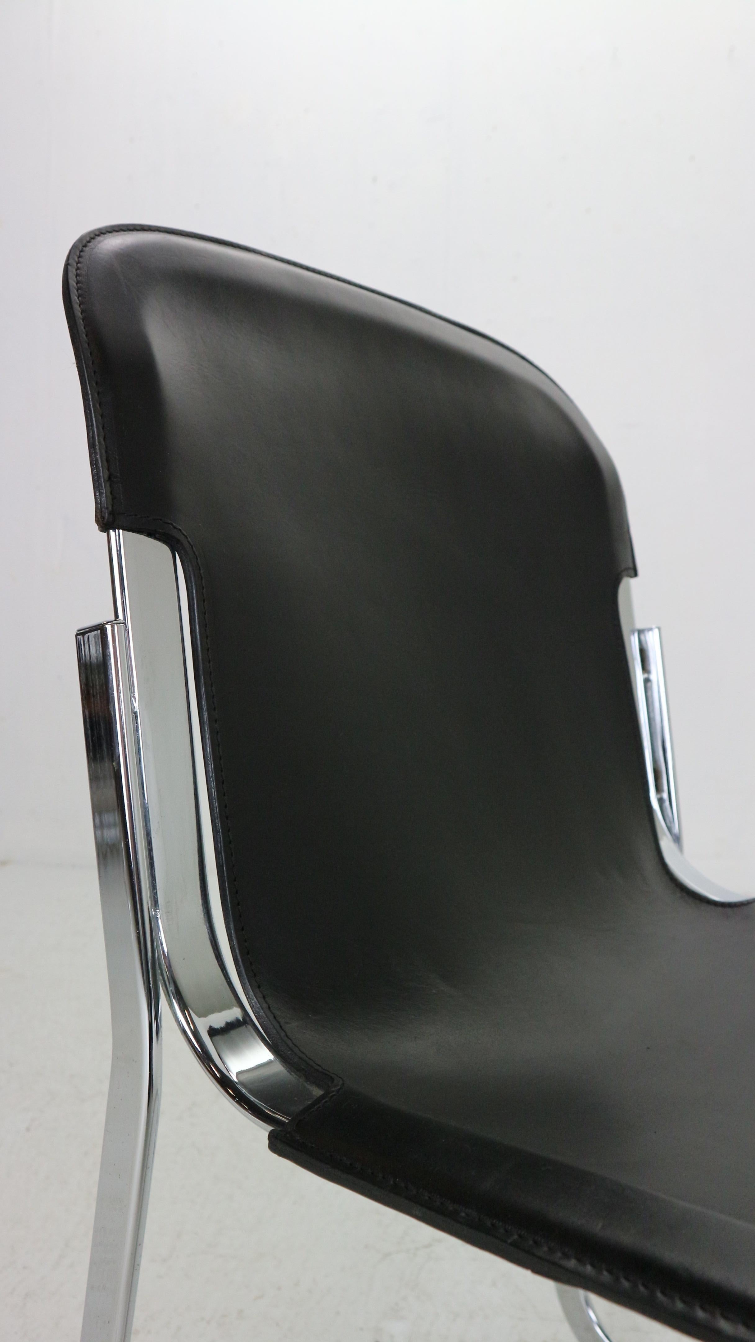 Willy Rizzo Set of Black Leather Dining Chairs 