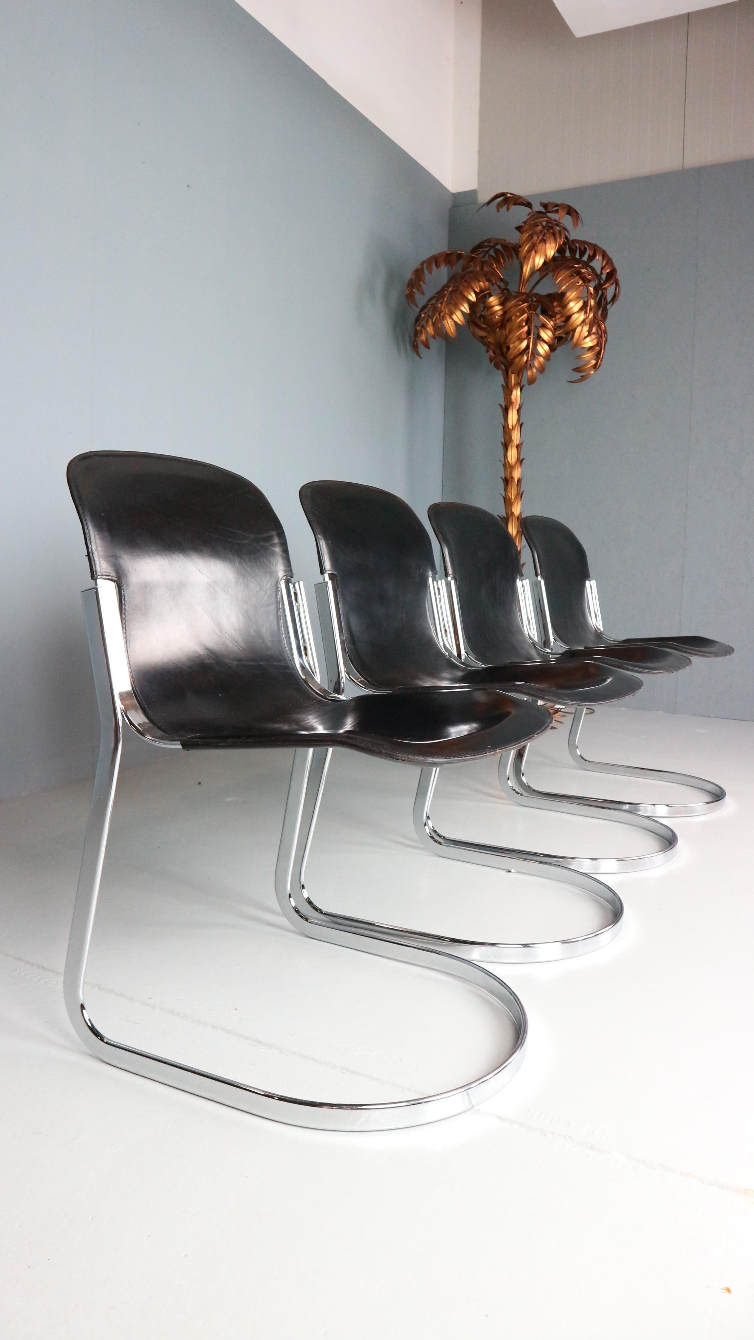 Willy Rizzo Set of Black Leather Dining Chairs 