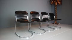 Willy Rizzo Set of Black Leather Dining Chairs "C2" For Cidue, 1970s, Italy
