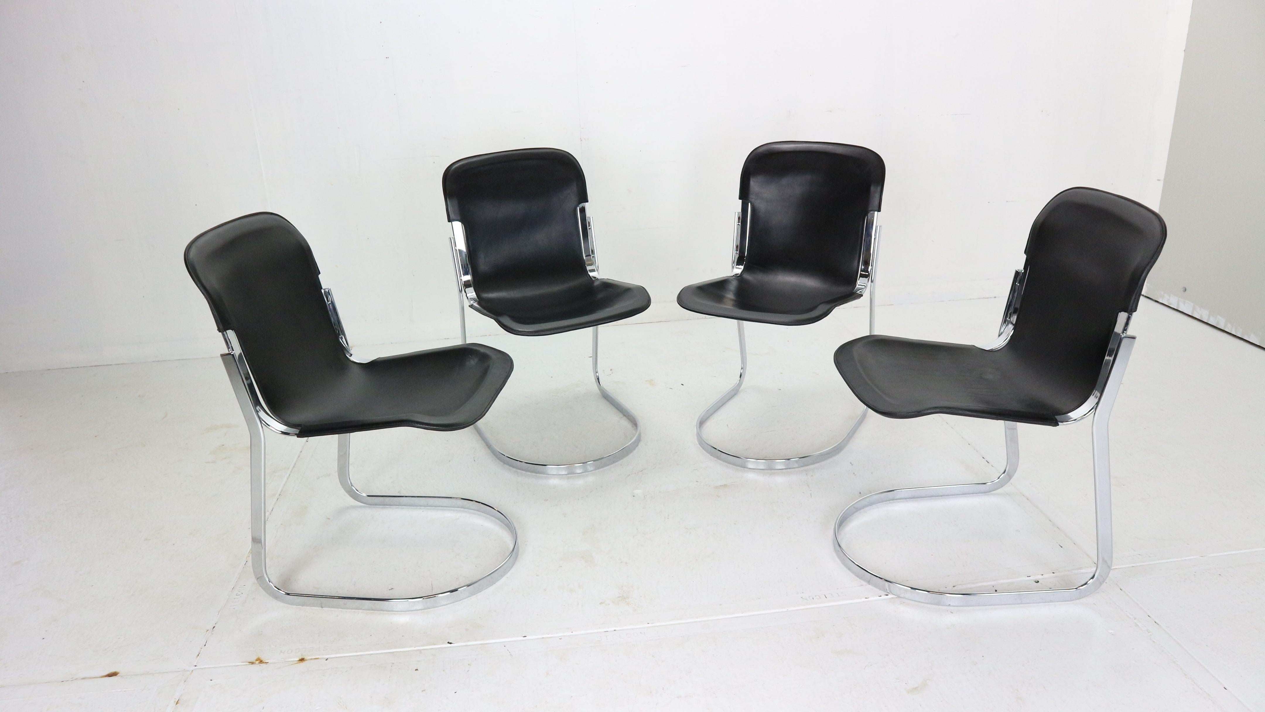 Mid-Century Modern Willy Rizzo Set of Black Leather Dining Chairs 