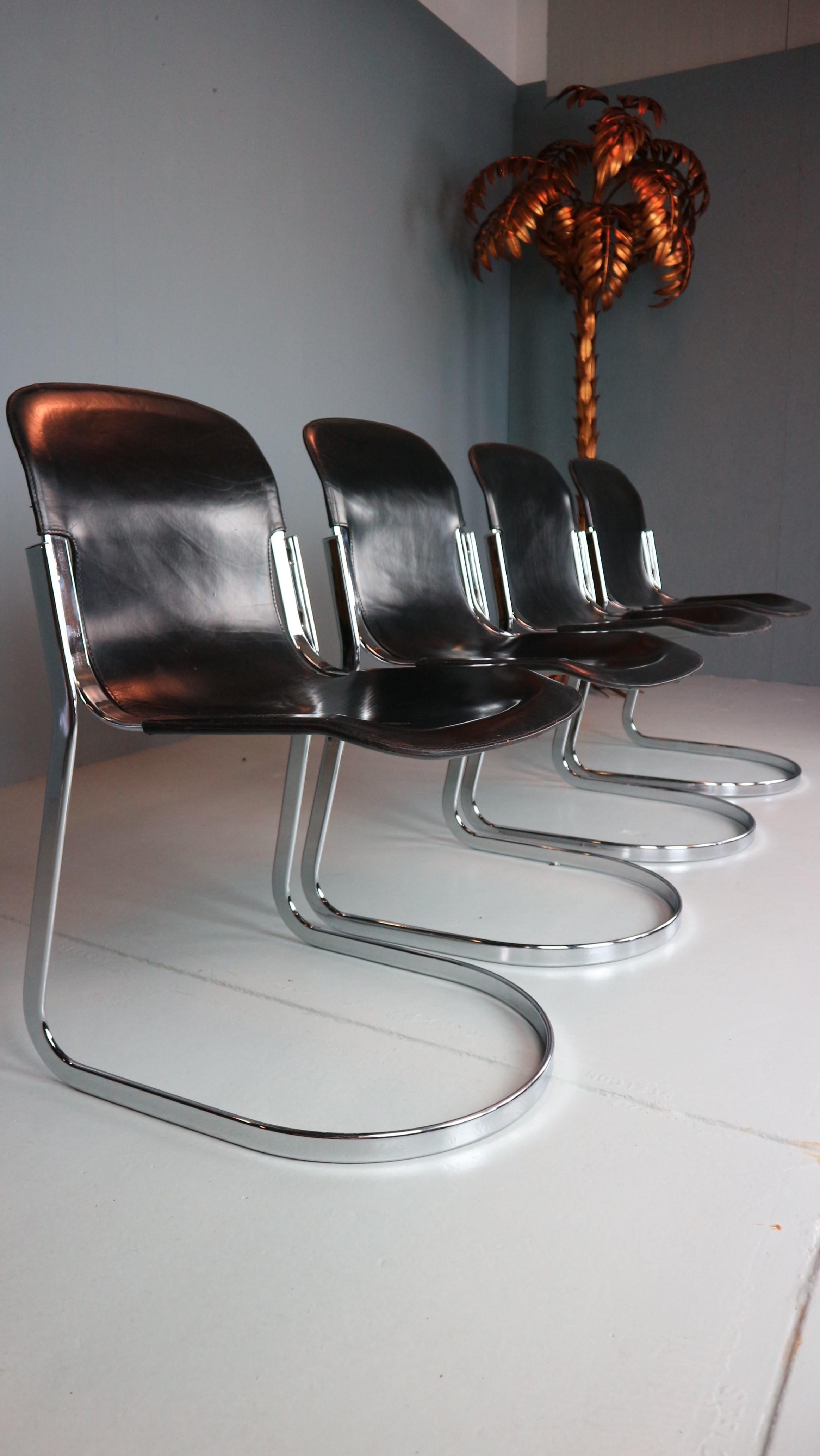 Mid-Century Modern Willy Rizzo Set of Black Leather Dining Chairs 