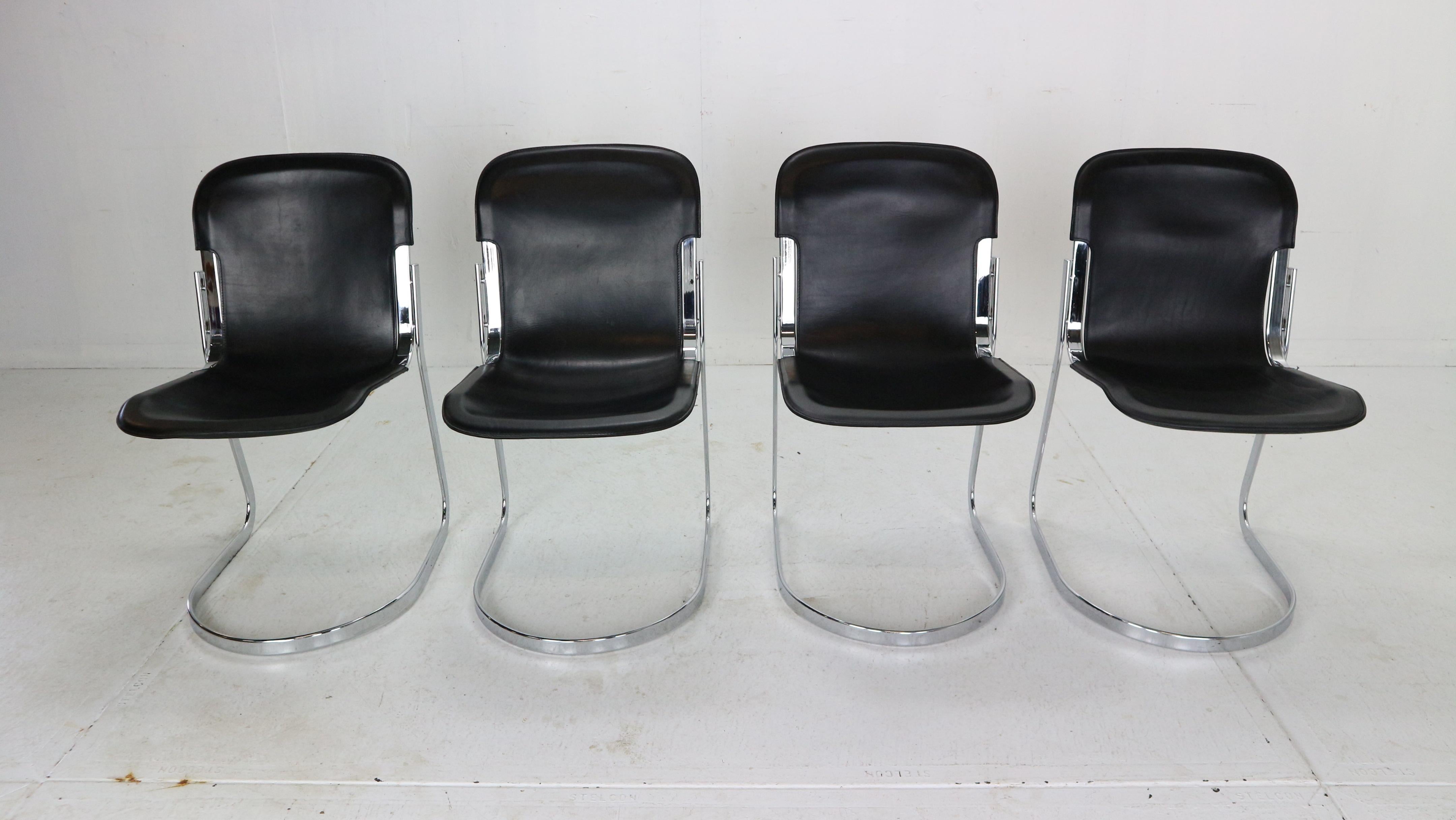 Italian Willy Rizzo Set of Black Leather Dining Chairs 