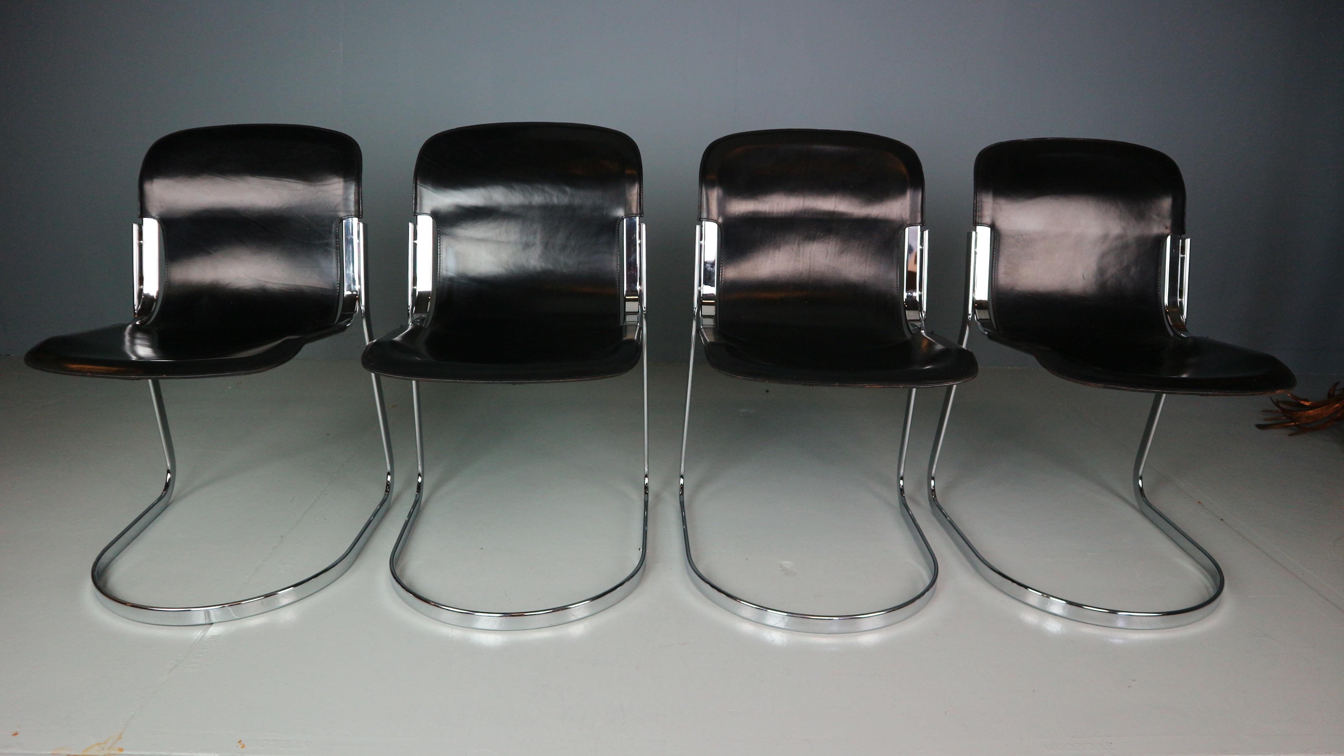 Italian Willy Rizzo Set of Black Leather Dining Chairs 