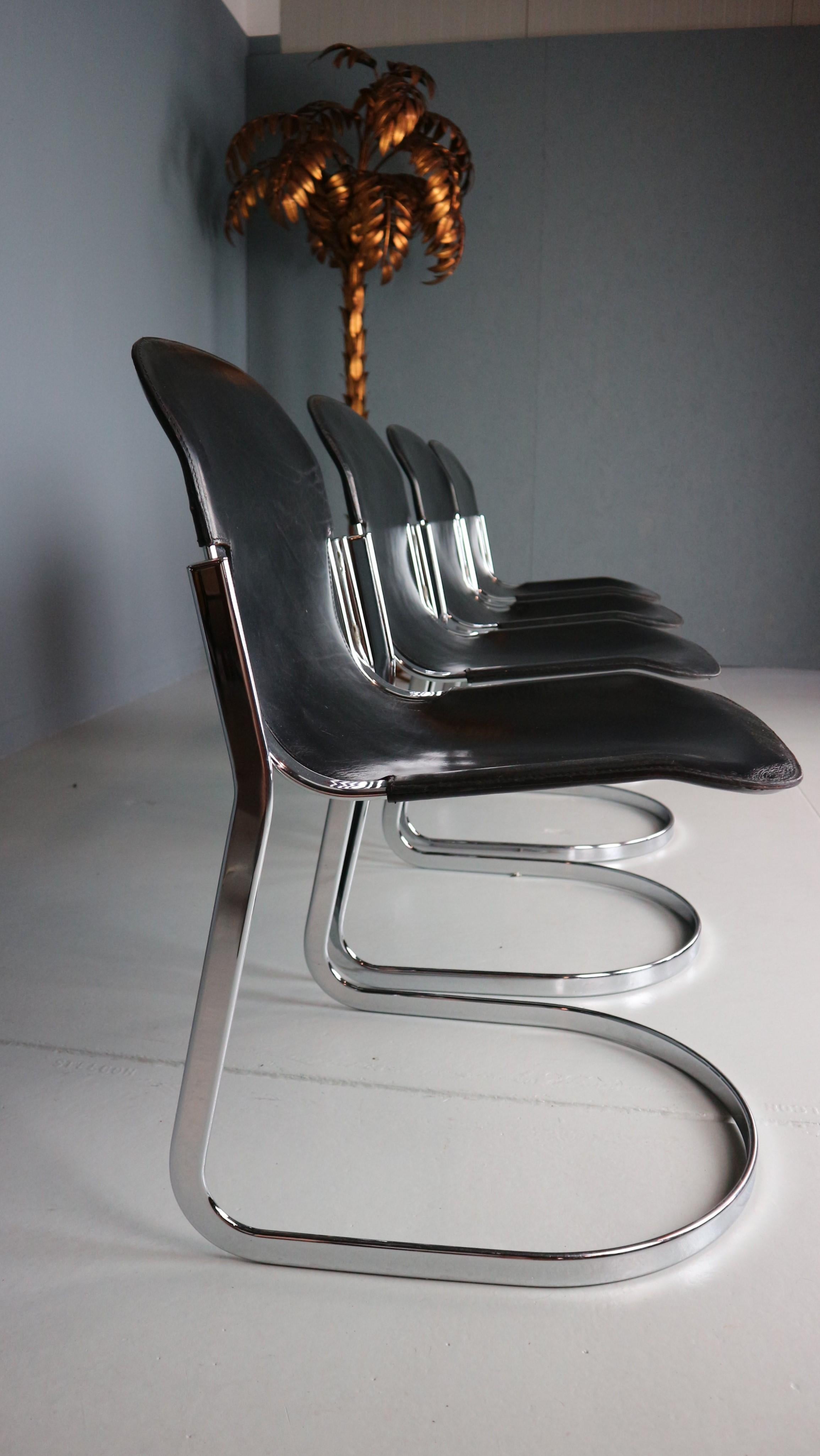 Late 20th Century Willy Rizzo Set of Black Leather Dining Chairs 