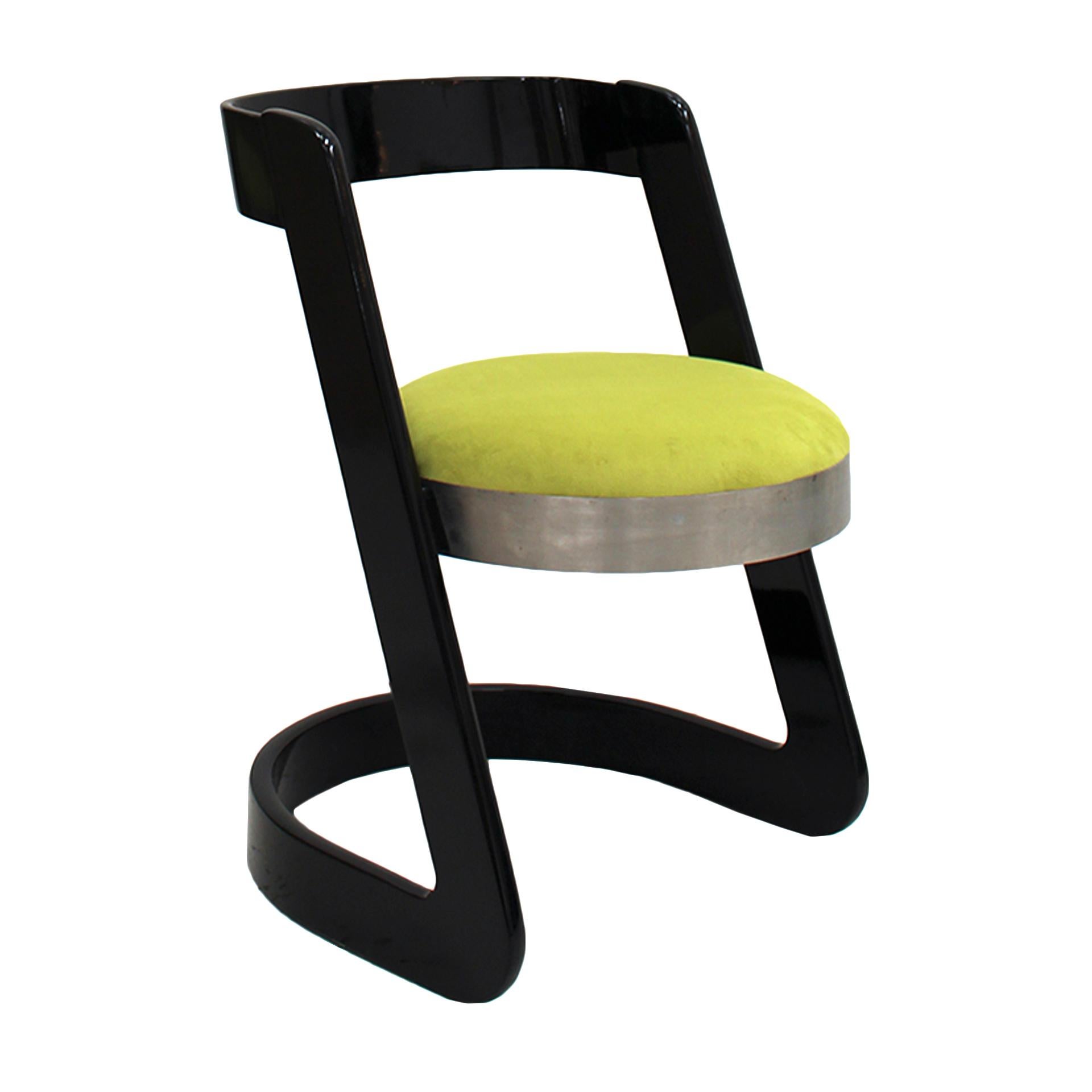 Mid-Century Modern Mid-Century Willy Rizzo Six Black Lacquered Wood & Green Velvet Italian Chairs