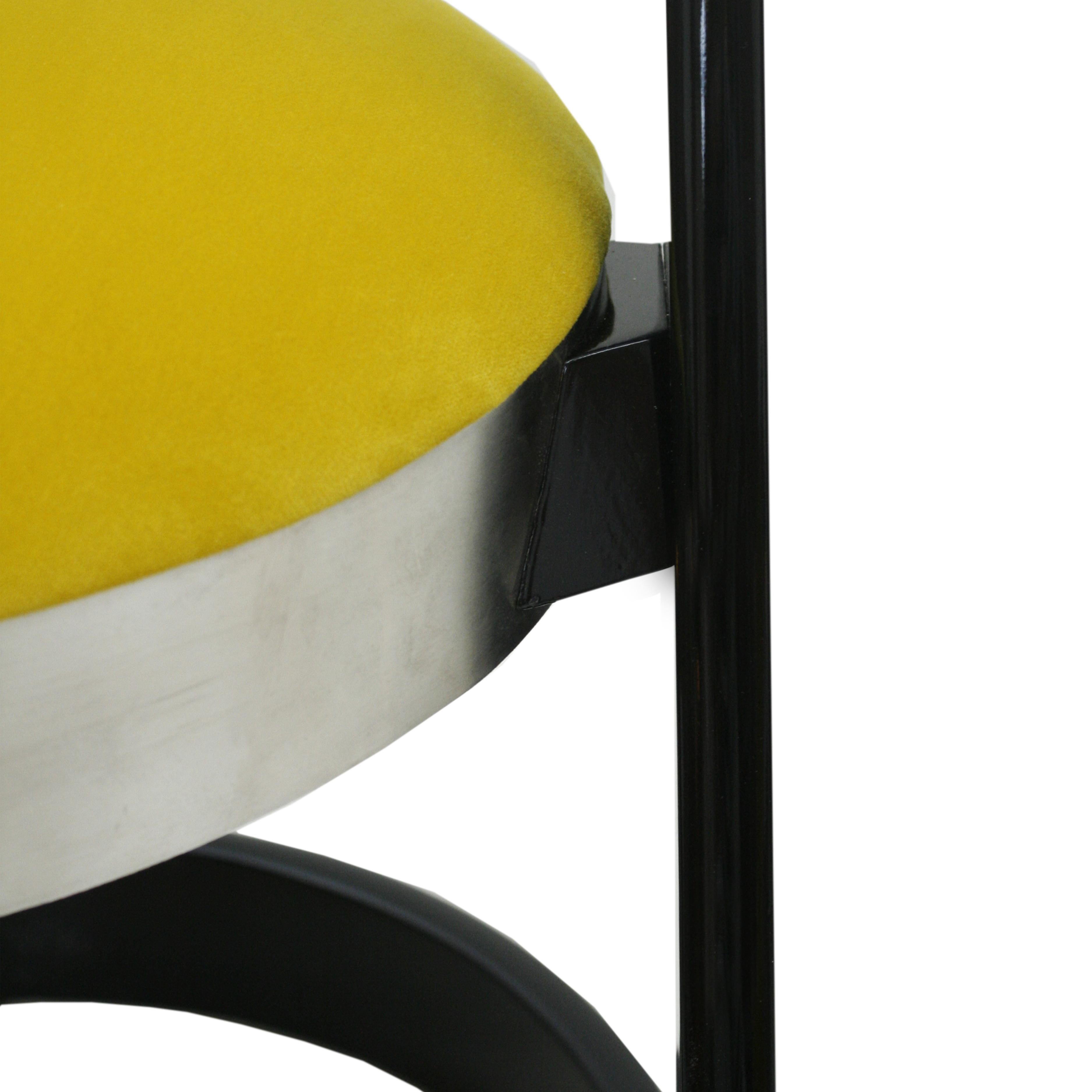 Late 20th Century Willy Rizzo Set of Six Black Lacquered Wood and Yellow Velvet Italian Chairs