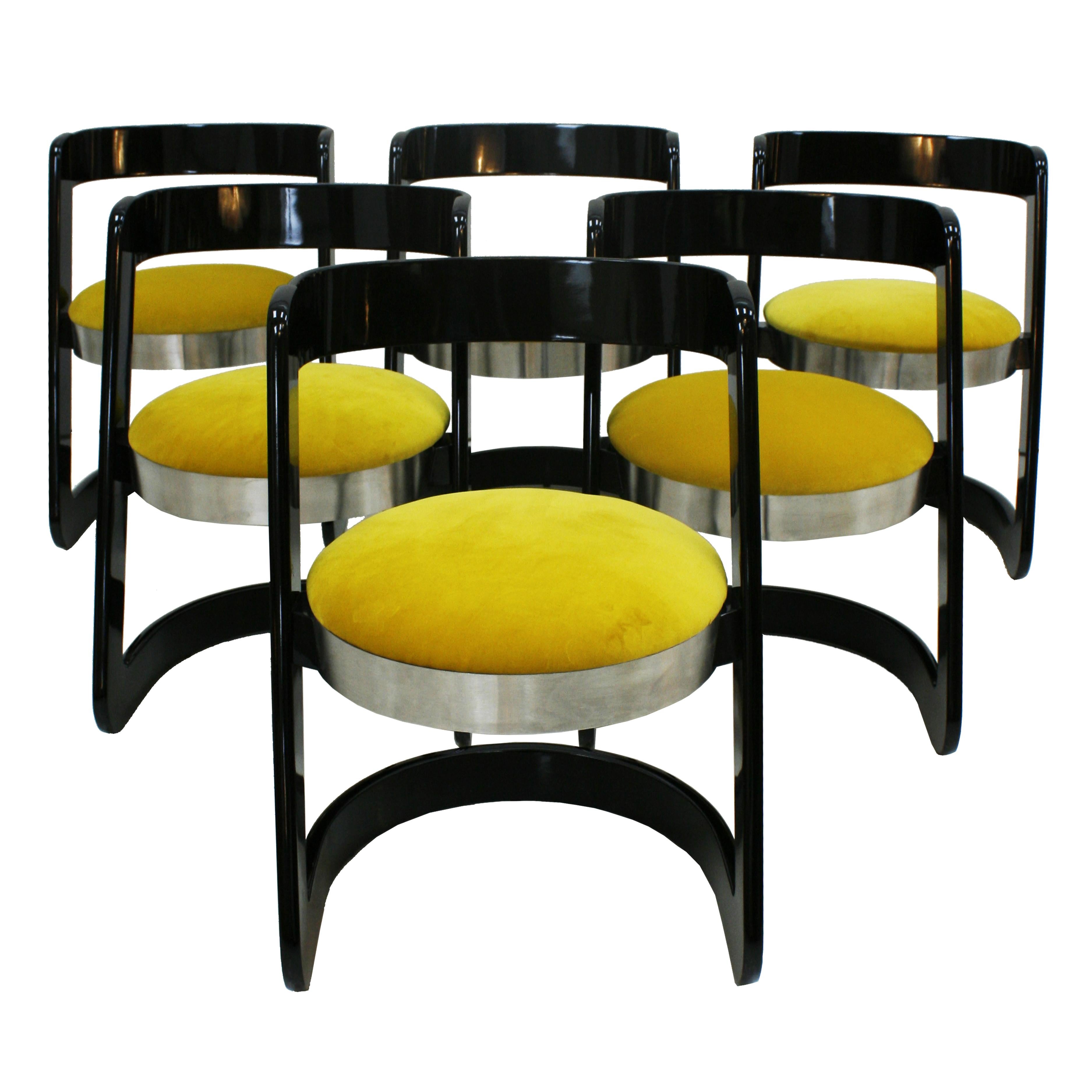 Willy Rizzo Set of Six Black Lacquered Wood and Yellow Velvet Italian Chairs