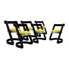 Willy Rizzo Set of Six Black Lacquered Wood and Yellow Velvet Italian Chairs